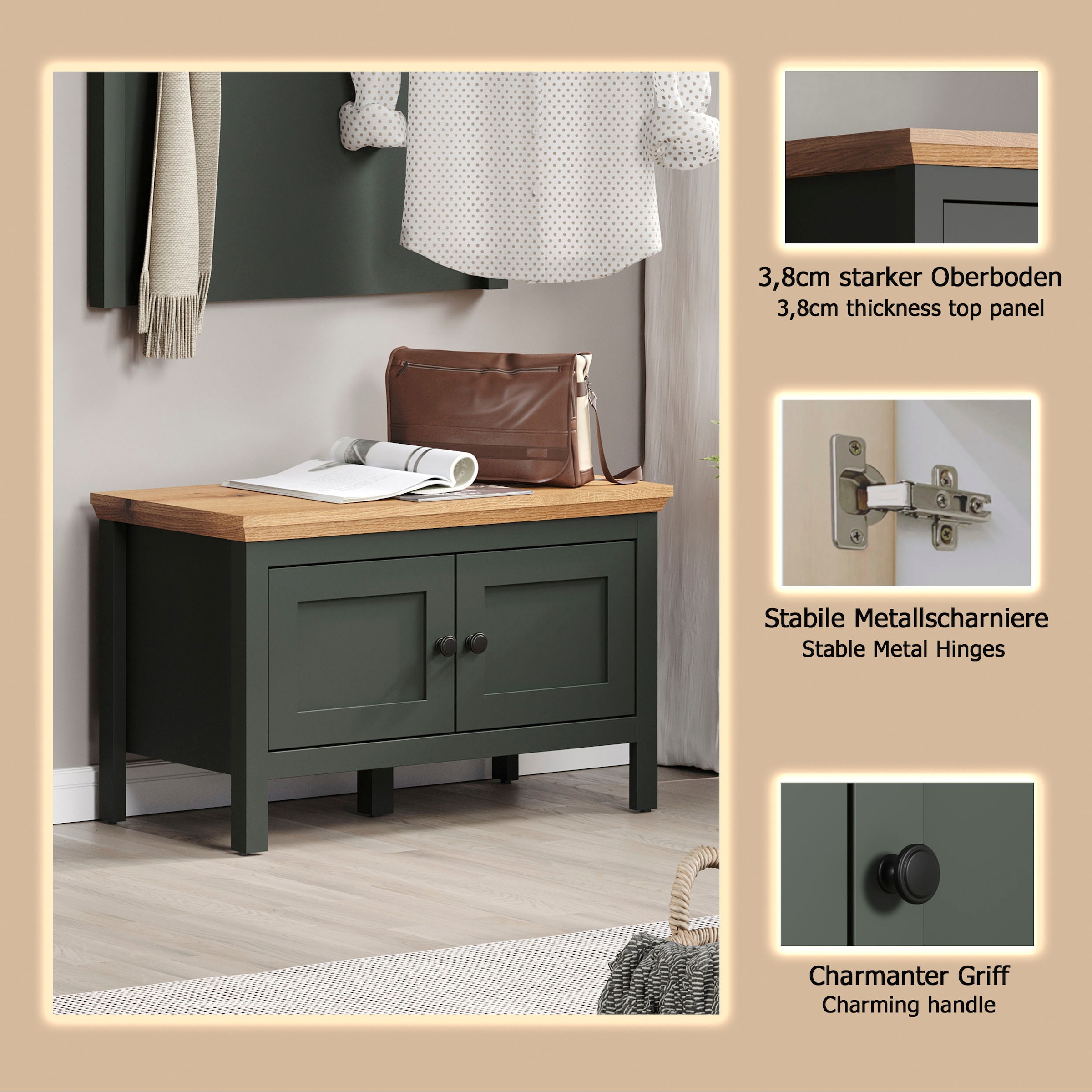 Home affaire Schuhbank »Vienna« 1 Stk. tlg. Sitzbank mit 2 Türen & Stauraum - (B/T/H) 77/39/48 cm