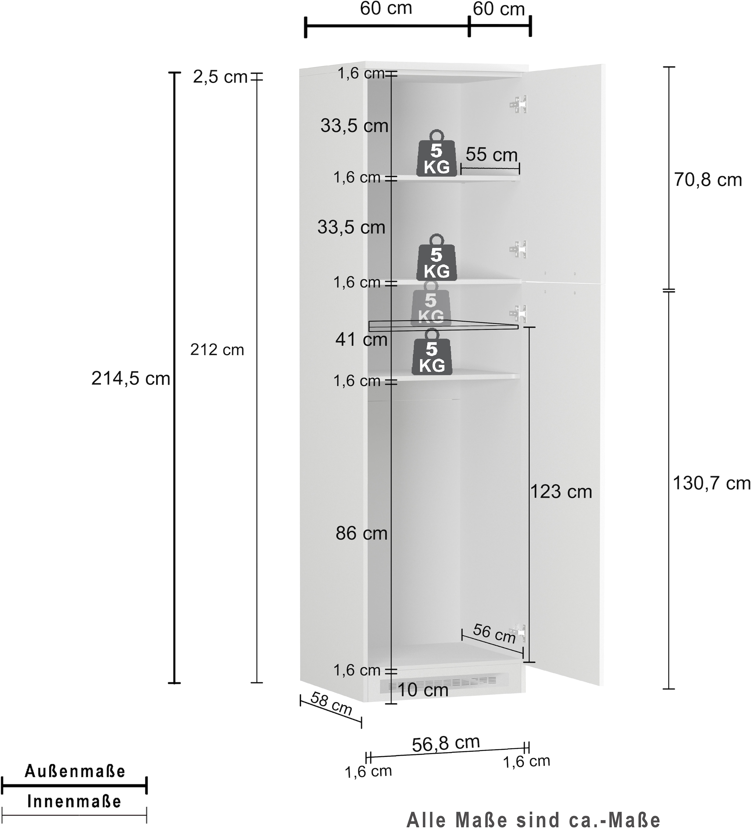 KOCHSTATION Kühlumbauschrank »Luna, Kühlschrank-Umbau, Einbauschrank für Kühlschrank, Made in Italy« B/T/H: 60×60×214,5 cm, für zwei Kühlschrankhöhen vorbereitet