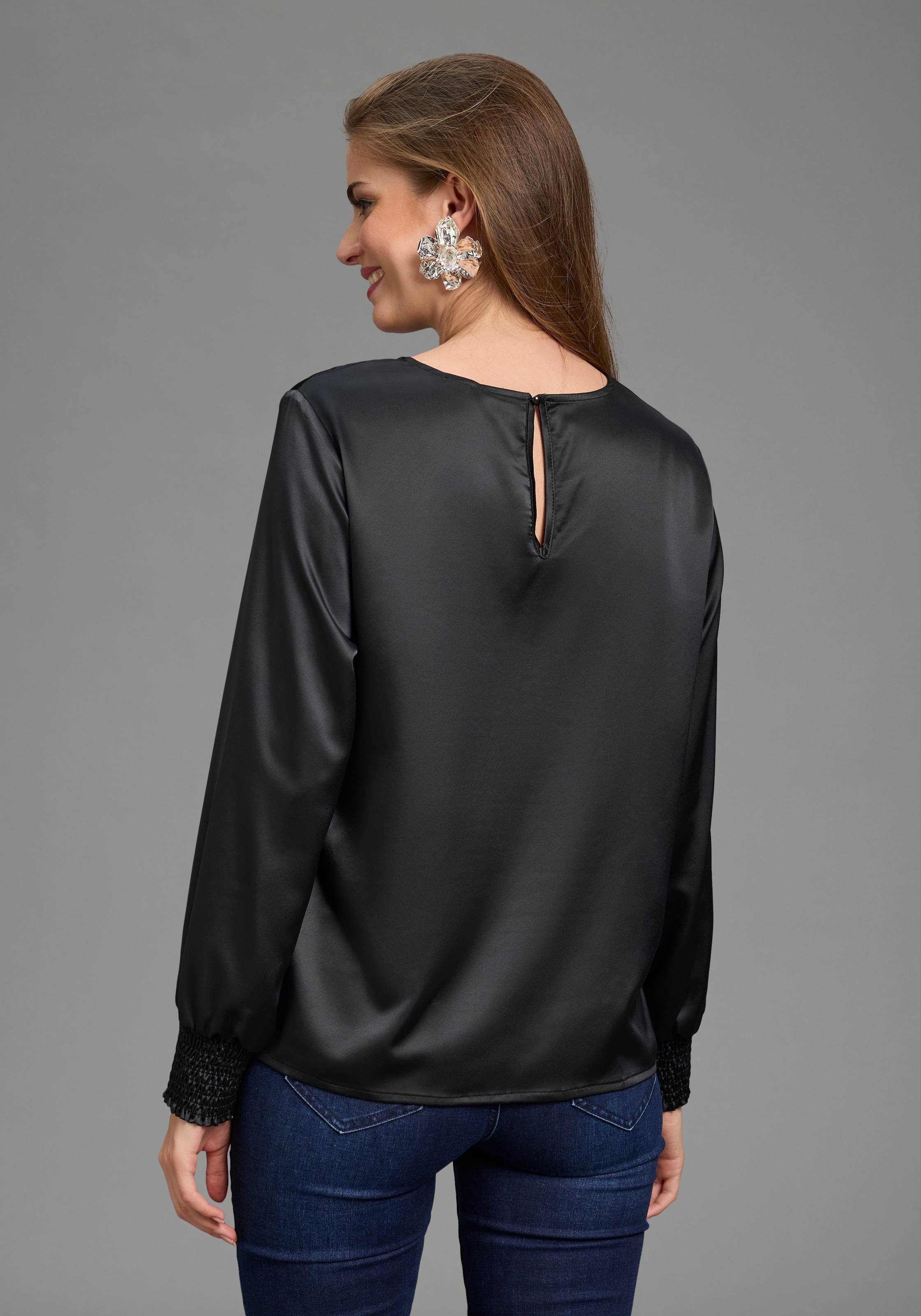 Laura Scott Schlupfbluse Festliche Satin-Bluse, Elastikbündchen am Ärmel, glänzender Stoff