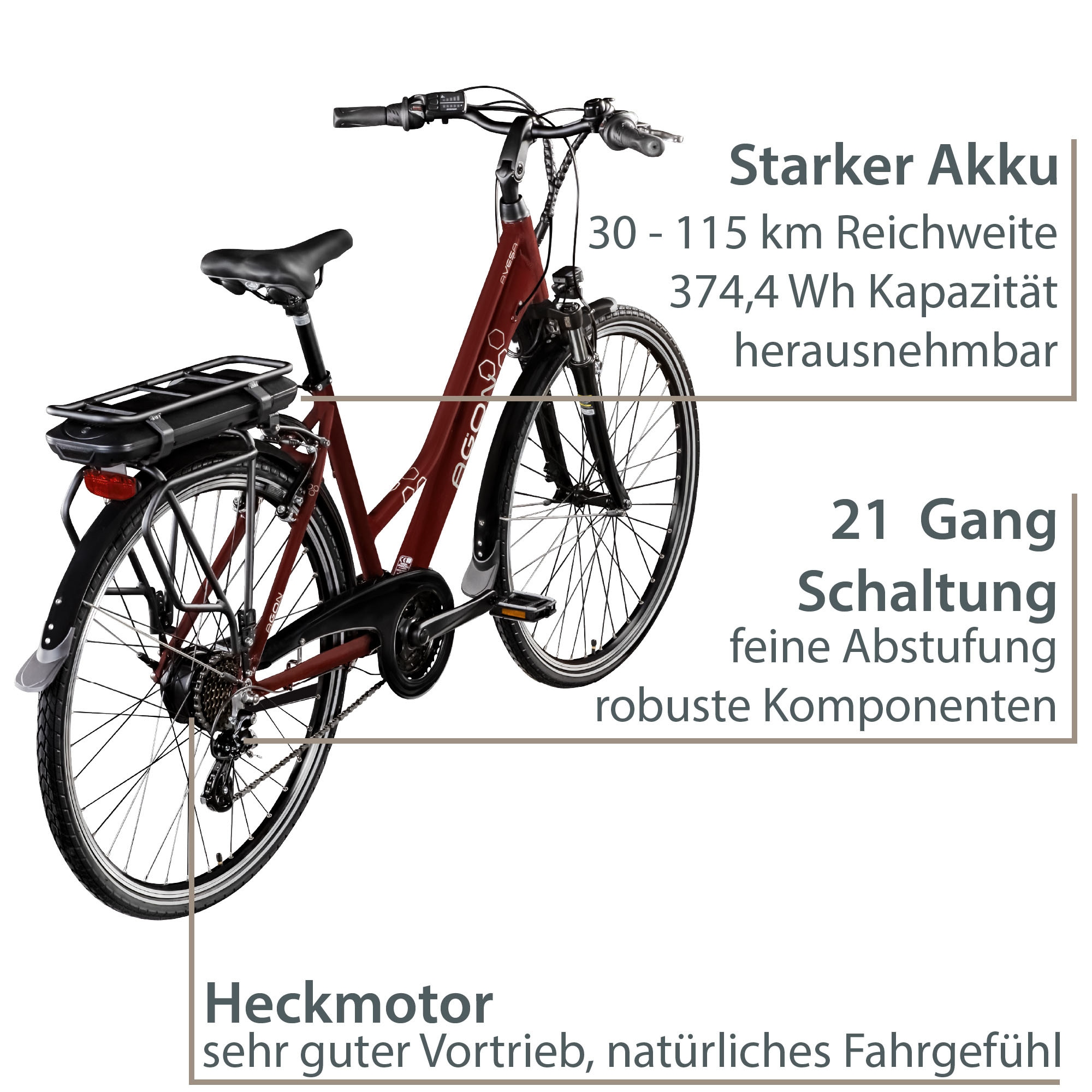 AGON E-Bike »Avesa«, 21 Gang, Heckmotor 250 W, Pedelec, Elektrofahrrad für Damen u. Herren