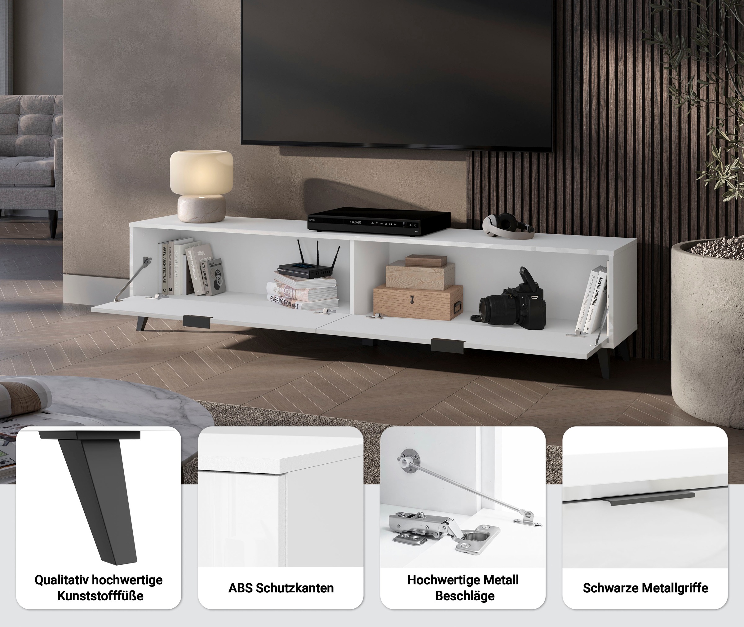 OTTO home Lowboard »Oslo, B/H/T: 180/40/33 cm« 2 Klappen, schwarze Metallgriffe, schwarze Füße