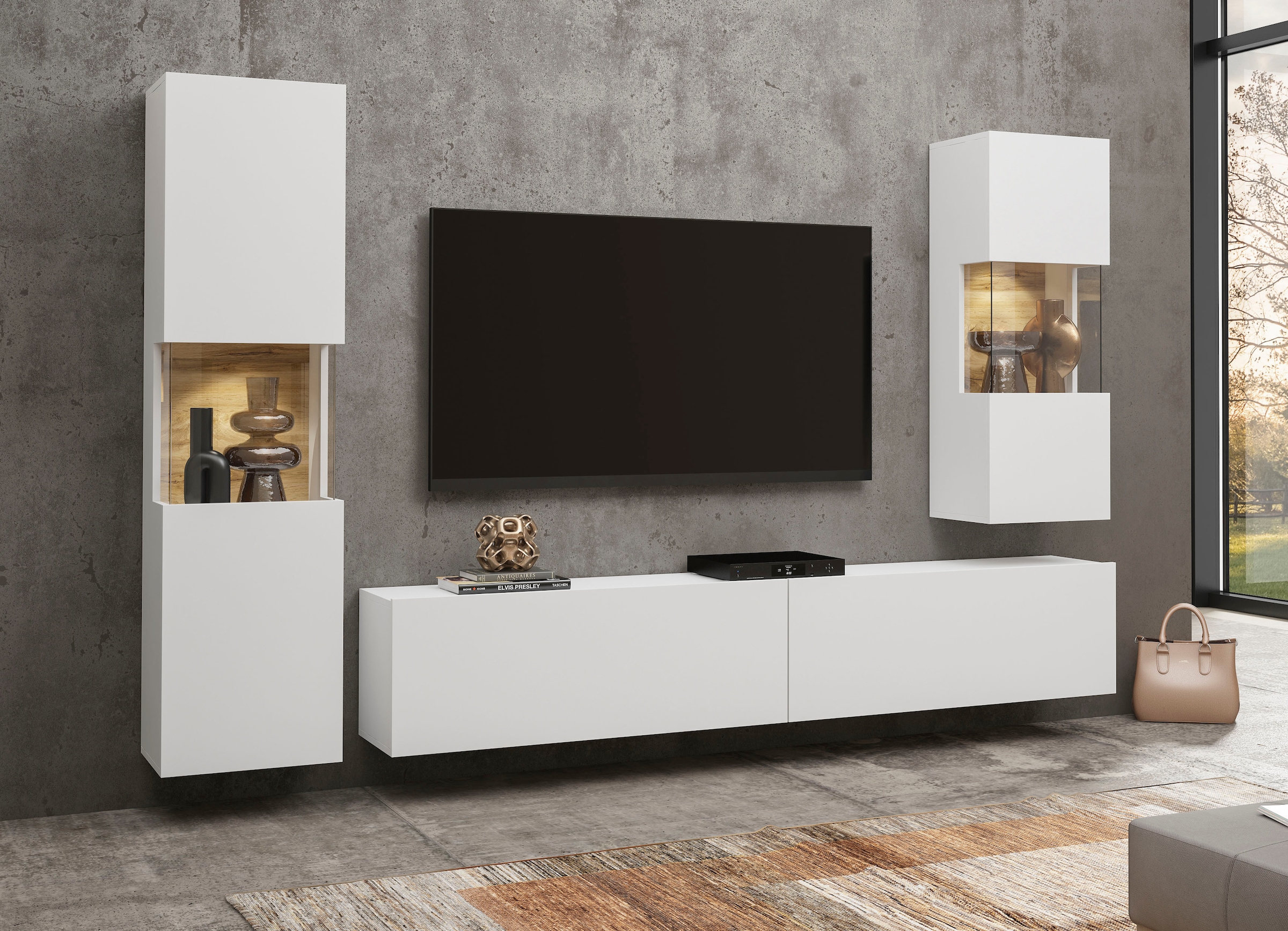 INOSIGN Wohnwand »Ava, Wohnzimmer-Set hängend/stehend montierbar, Vitrine, Lowboard«, 2-tlg.