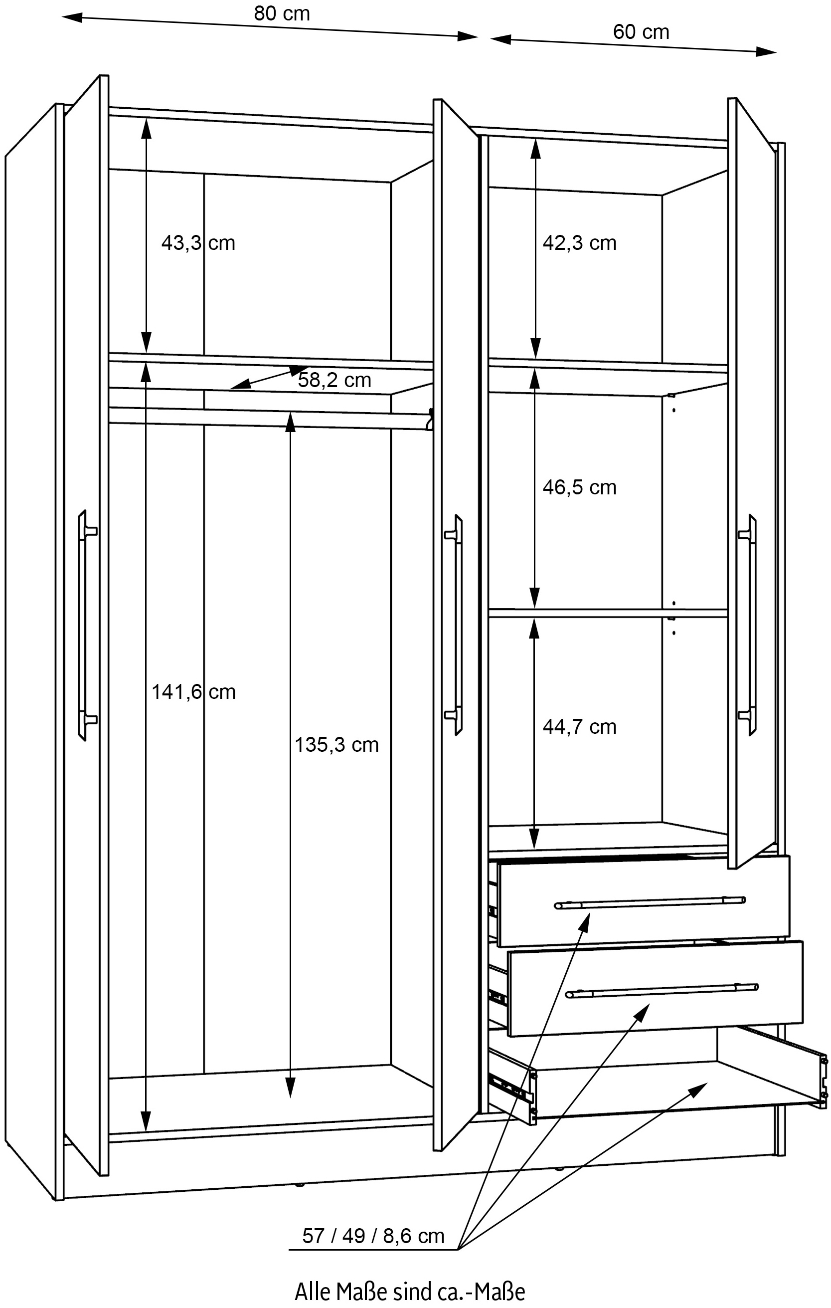 FORTE Kleiderschrank »Jupiter, Made in Europe, mit Schubladen«, (Maße (T/H): 60/200 cm), Stauraum, 2 Breiten, 4 Farben, Schubladen, variable Einlegeböden