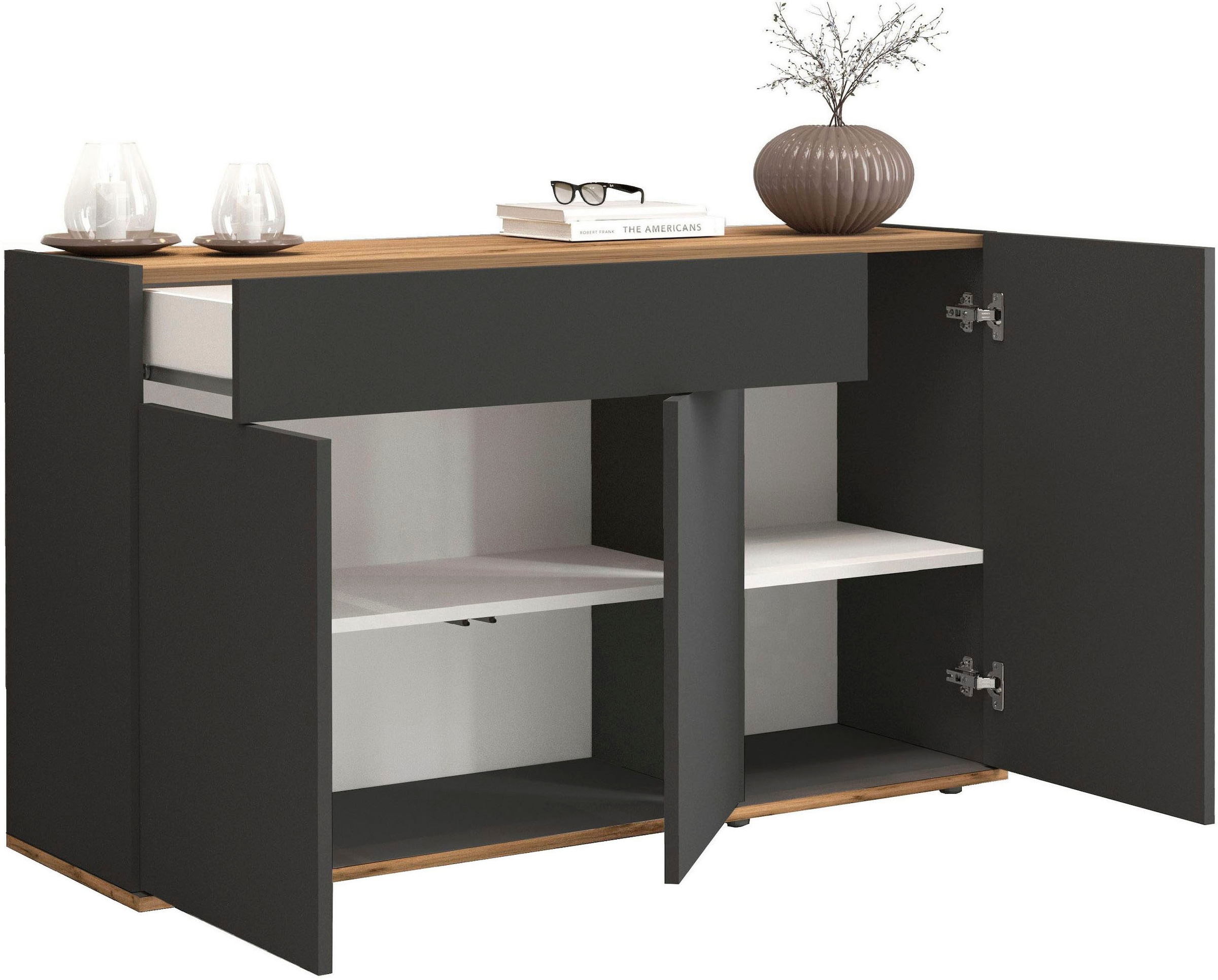 OTTO home Sideboard »Garda, Kommode, Schrank, 3 Türen, 1 Schublade, Made in Italy« 3 Türen, 1 Schublade, grifflos Breite 120,1 cm, anthrazit/eiche matt