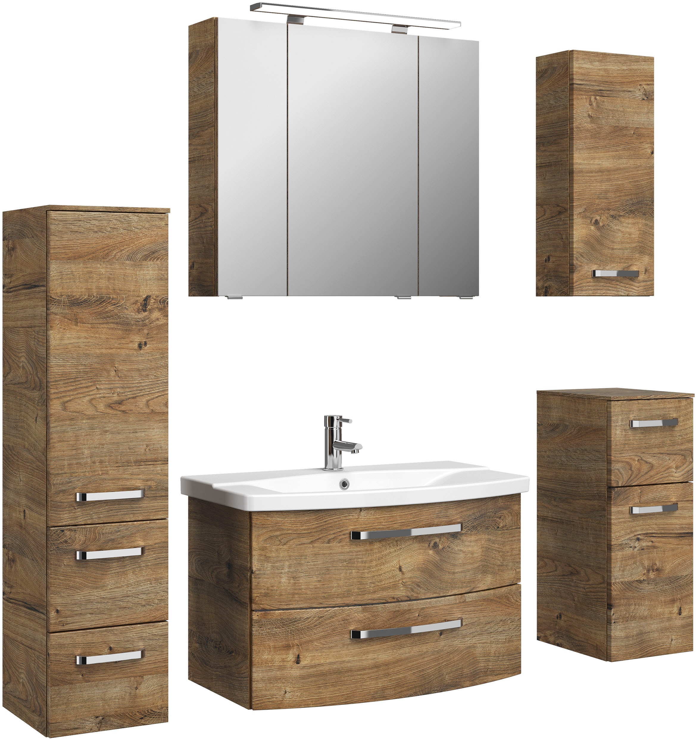 Saphir Badmöbel-Set »Serie 4010 5-teilig Keramik-Waschtisch mit LED-Spiegelschrank«, (Set), Bad Set mit Unterschrank, Hängeschrank, Midischrank, inkl. Türdämpfer