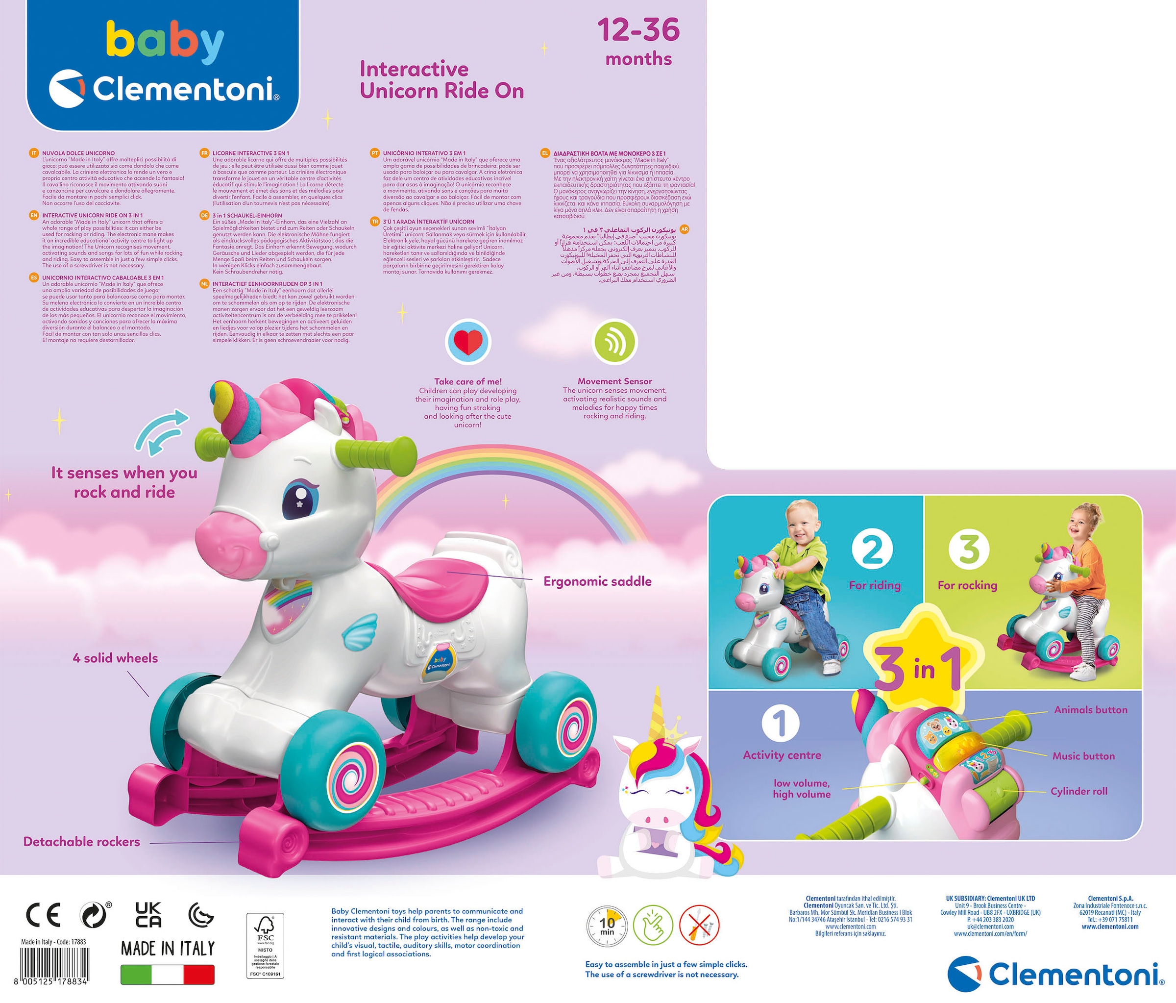 Clementoni® Schaukeltier »Baby Clementoni, 3in1 Schaukel-Einhorn«, mit Sound; Made in Europe