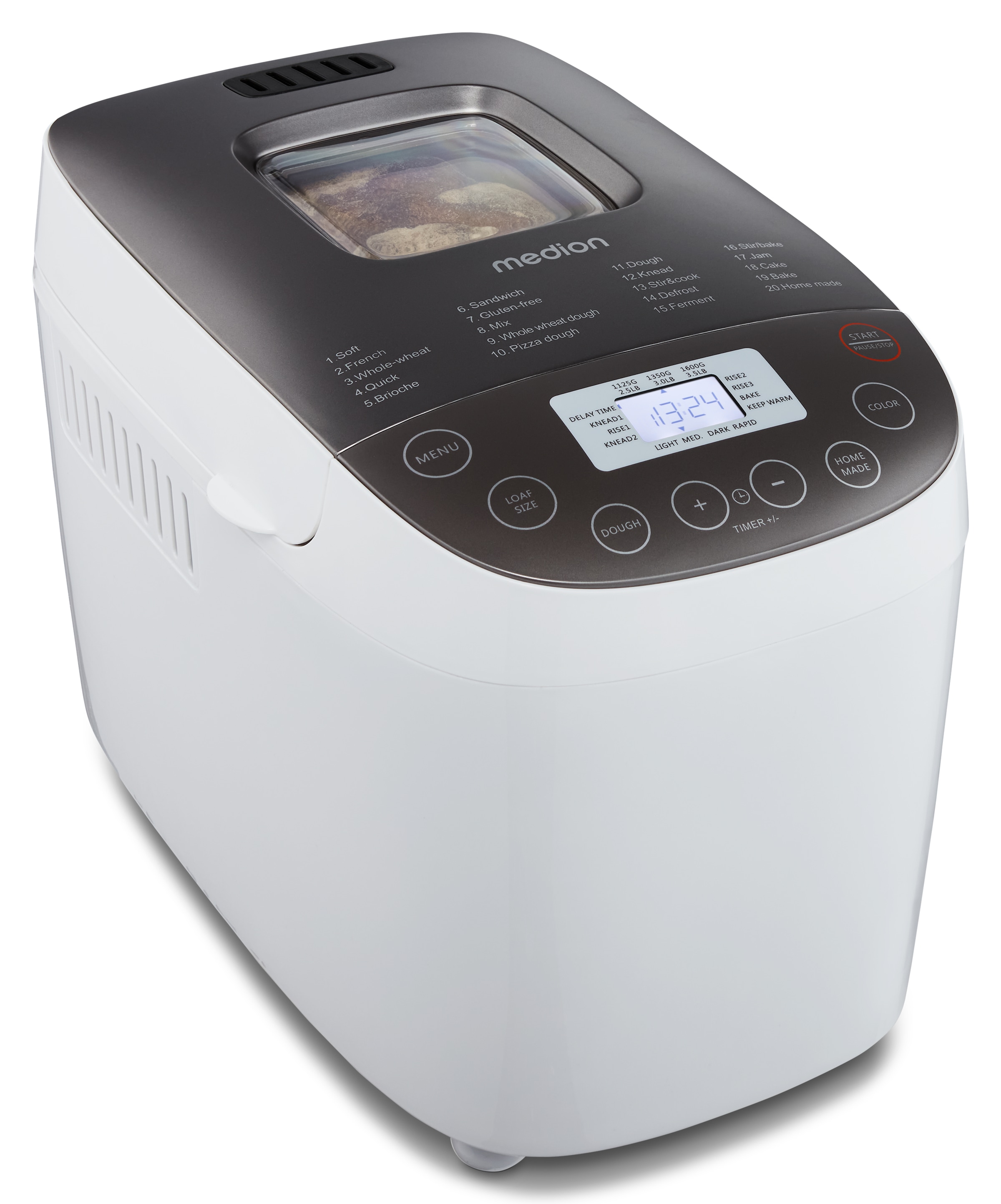 Medion® Brotbackautomat »MD 12040, 20 Backprogramme, 3 Bräunungssufen, doppelter Knethaken«, 20 Programme, 950 W, Bis zu 1600g Fassungsvermögen, Warmhaltefunktion, ILAG Beschichtung