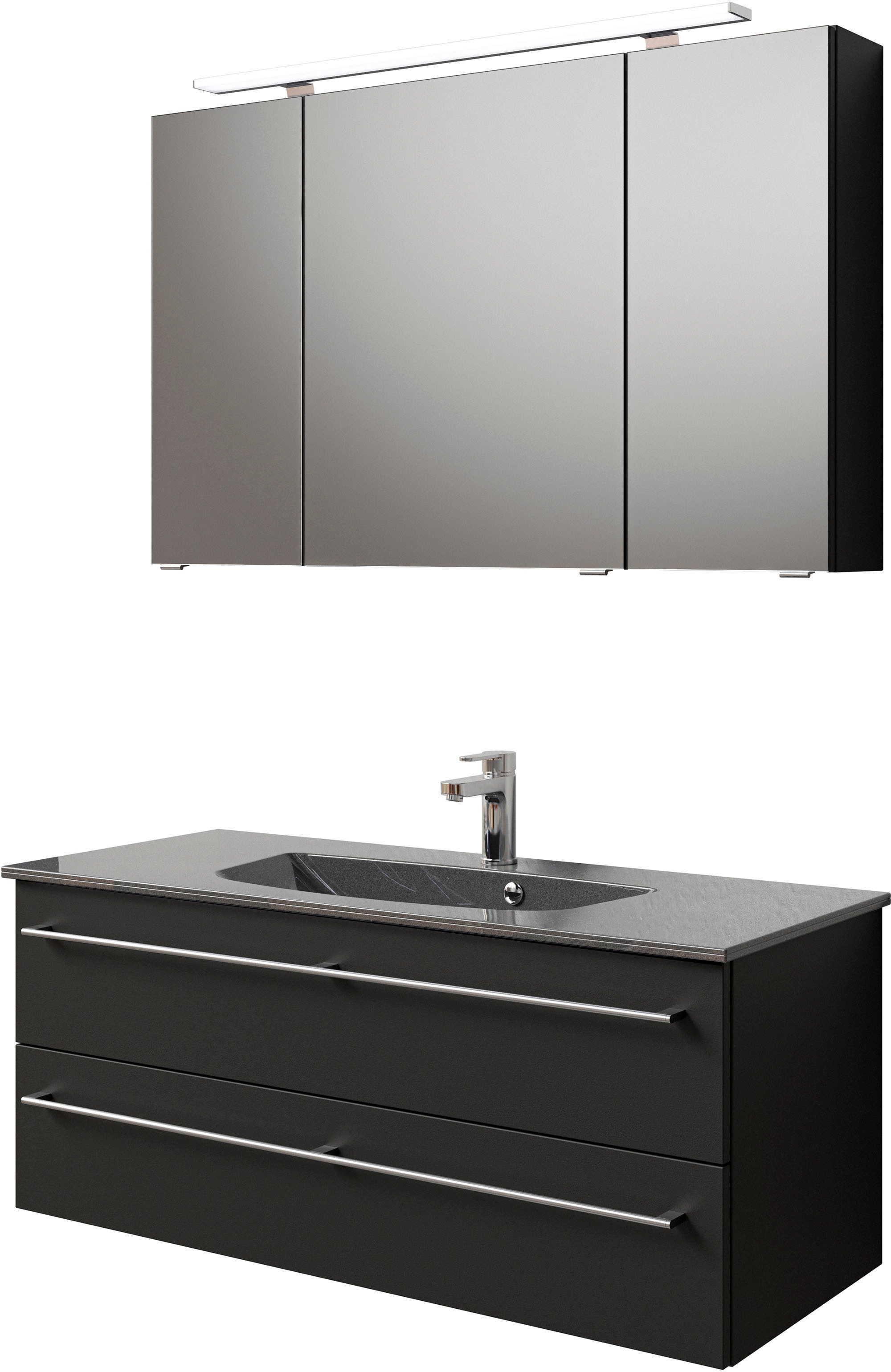 Saphir Badmöbel-Set »Serie 6025 2-teilig Mineralmarmor-Waschtisch mit LED-Spiegelschrank«, (2 St.), Waschplatz 117cm breit, 2 Schubladen, 3 Spiegel-Türen, inkl Türdämpfer