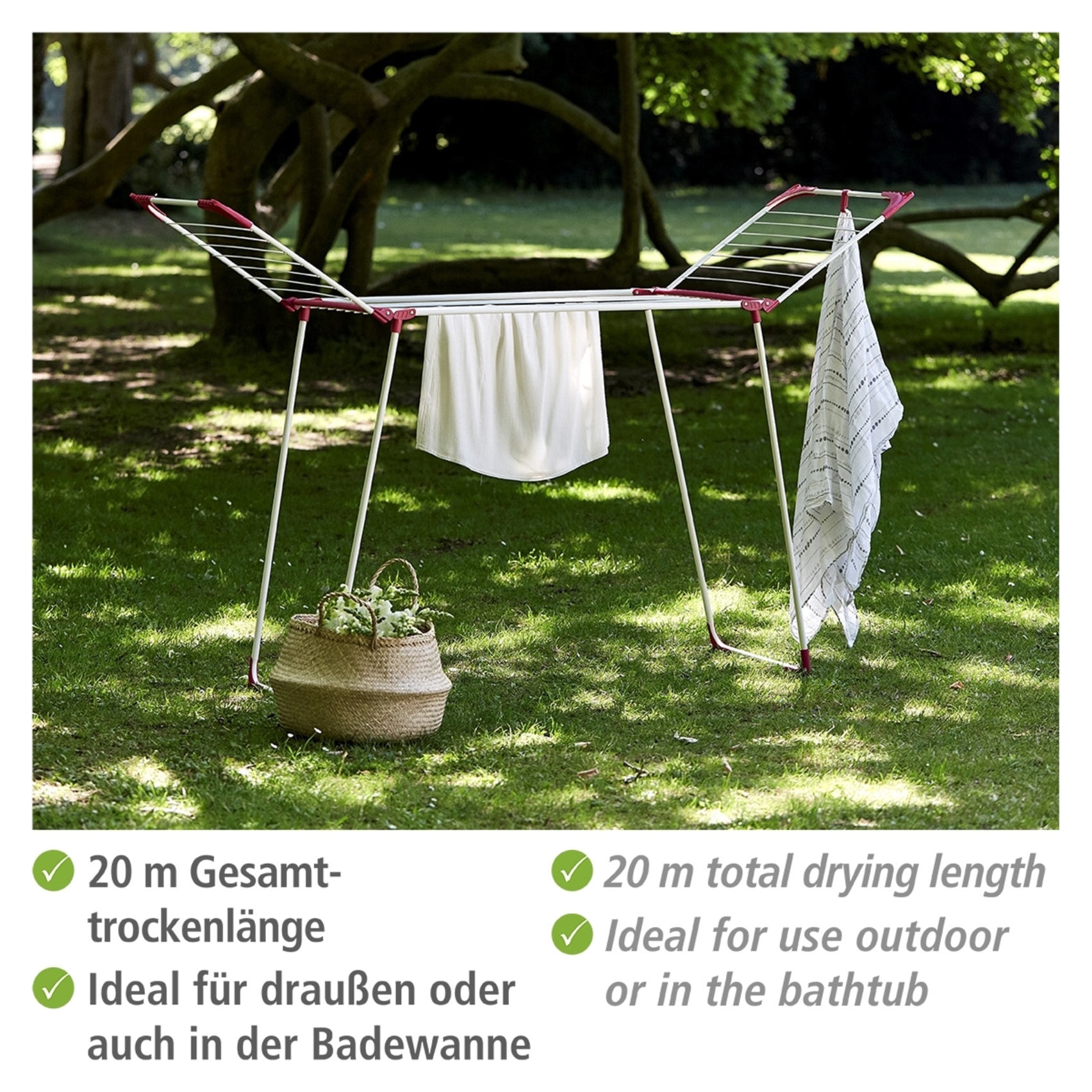 WENKO Wäscheständer »Modell Summer Dry«, Flügelwäschetrockner, 20 m Trockenlänge, mit Kleiderbügelvorrichtung