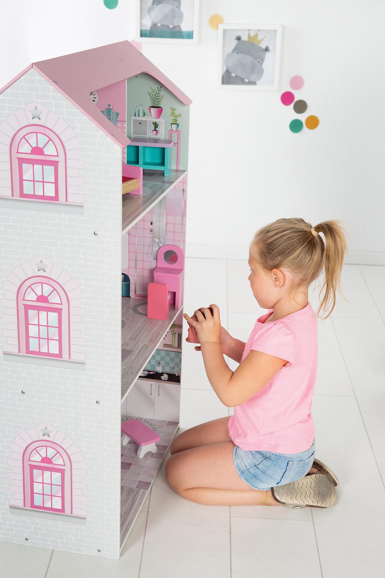 roba® Spielküche »2-in-1, rosa«, mit mehrstöckigem Puppenhaus