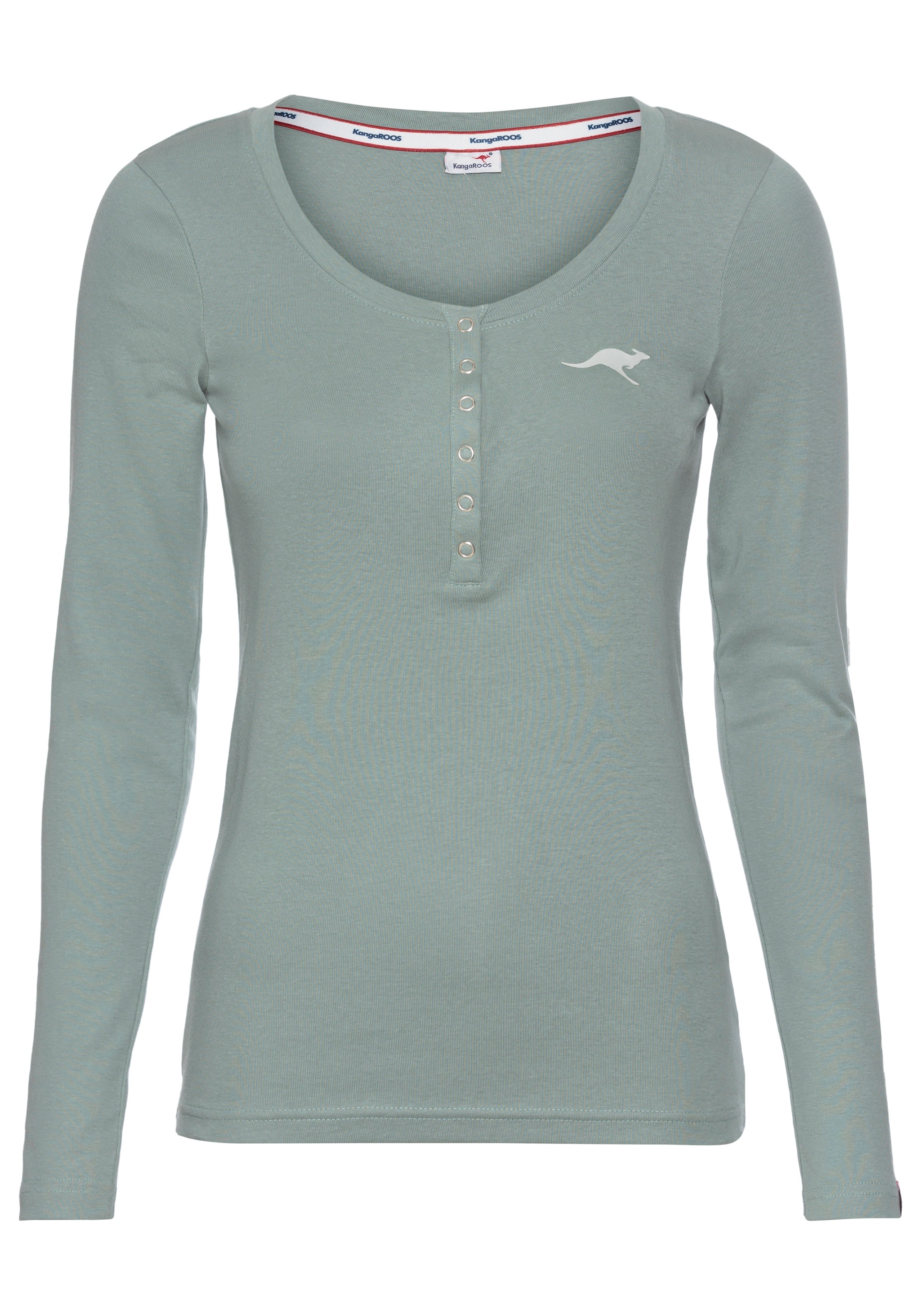 KangaROOS Langarmshirt, krempelbare Ärmel, figurbetonter Schnitt, mit Logodruck