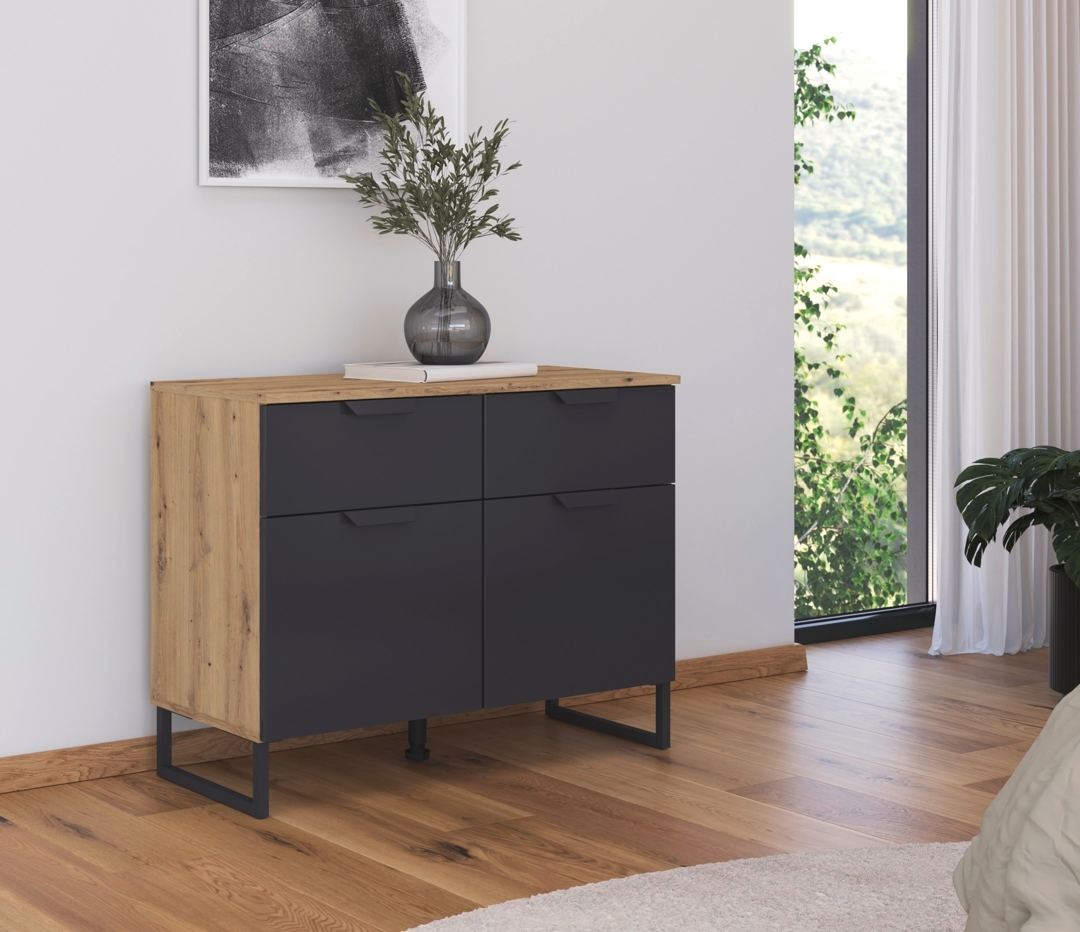 rauch Kombikommode »Dark&Wood by Aditio«, im Industrial Style mit Kufenfuß, 2 Schubladen mit Softclose-Funktion