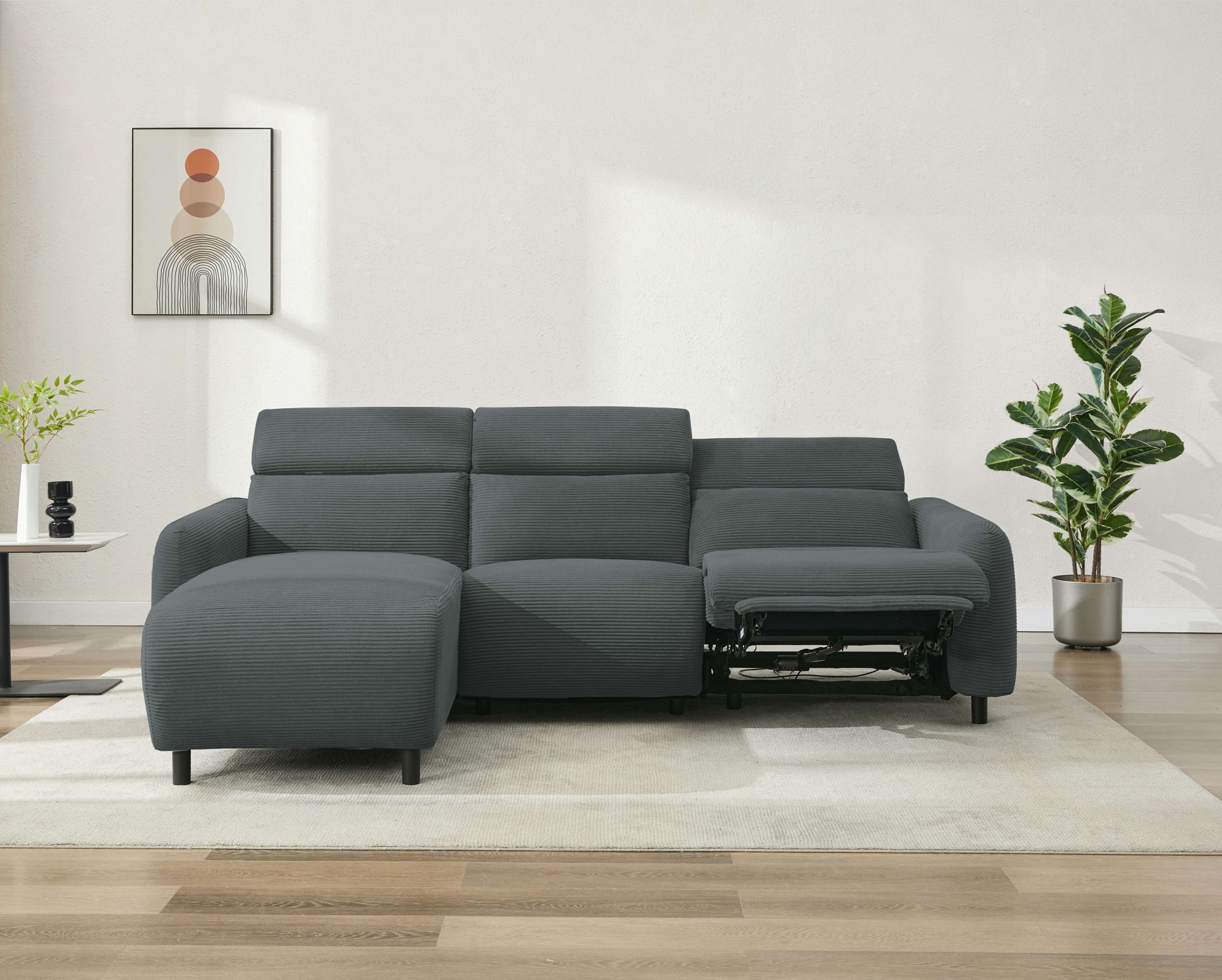 Home affaire Ecksofa »SKAANE in Cord, L-Form, 274 cm, manuelle u. elektrische Funktion,«, rundes Design, Kopfteilverstellung, Federkernpolsterung