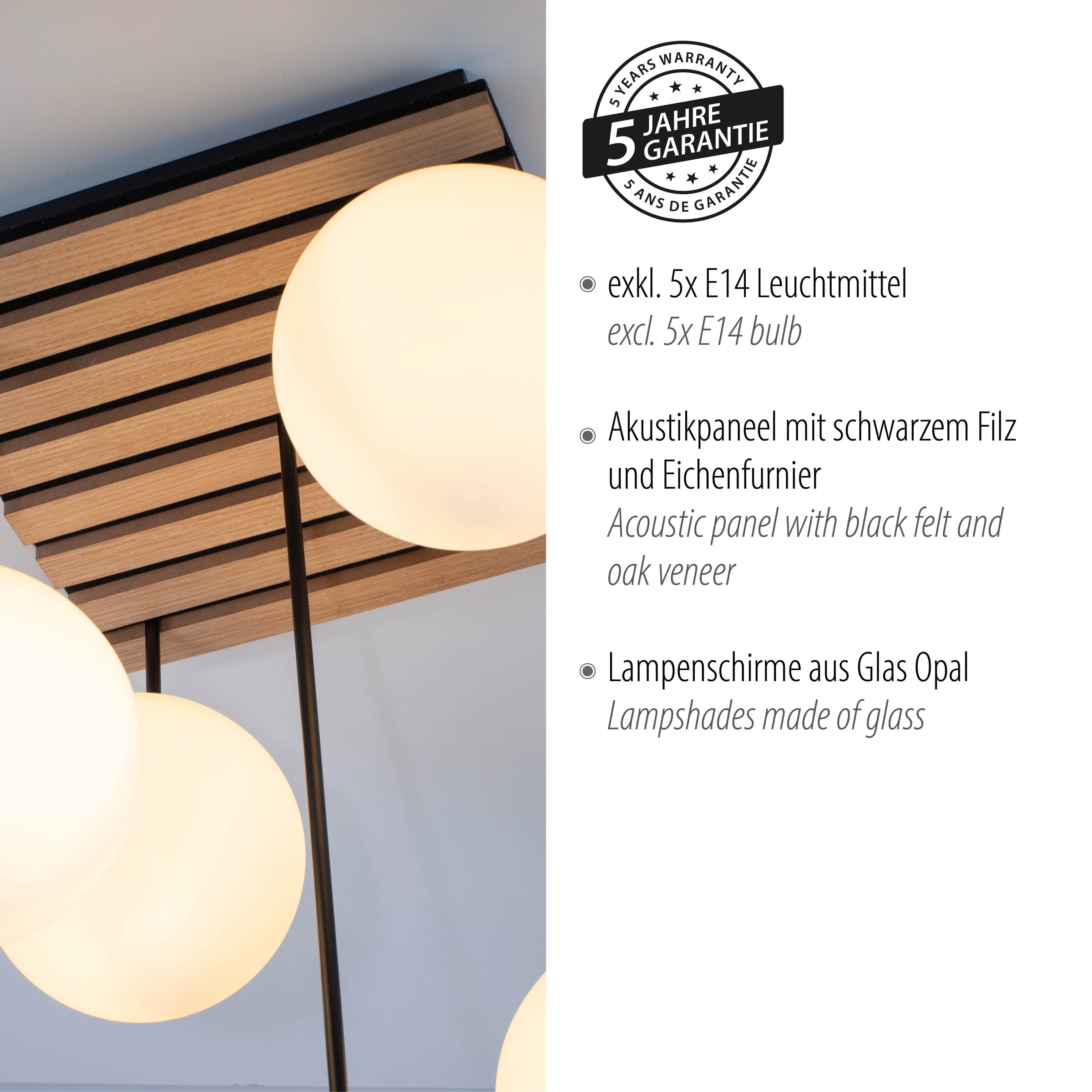 Leonique Deckenleuchte »Erinette Akustikpaneele mit Glaskugeln«, 5 flammig, Leuchtmittel E14 | ohne Leuchtmittel-Leuchtmittel wechselbar, Holz, Akustik, Paneele, Glas, Deckenlampe E14