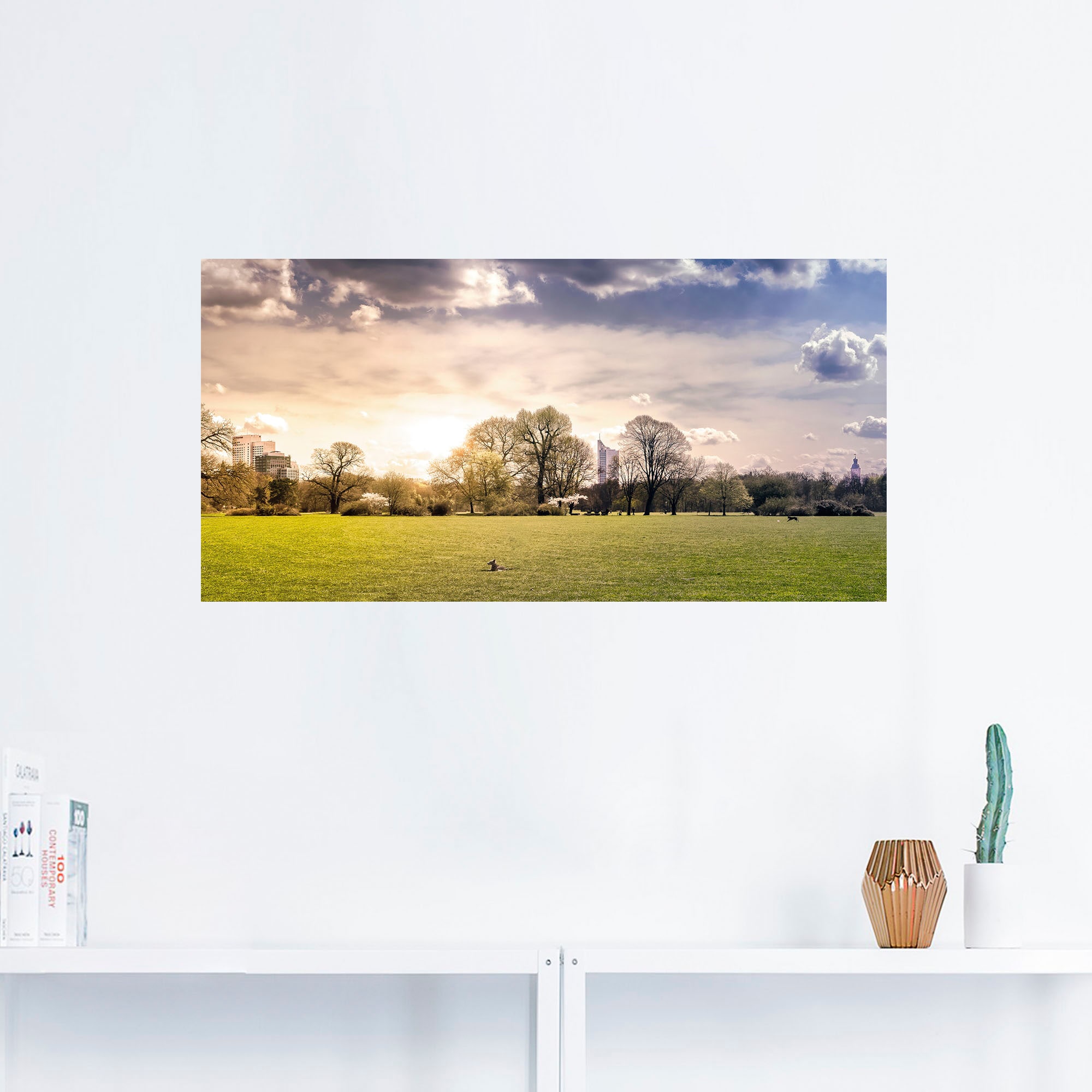 Artland Wandbild »Rosentalwiese Leipzig mit Hund & Skyline«, Wiesen & Baumbilder, (1 St.), als Alubild, Leinwandbild, Wandaufkleber oder Poster in versch. Größen