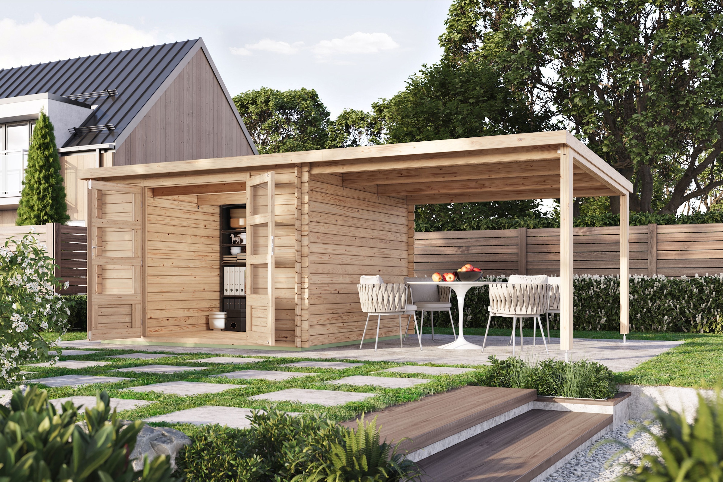 Karibu Gartenhaus »"Remus" Pultdach 2,97x2,97m inkl Anbaudach 3m naturbelas günstig online kaufen