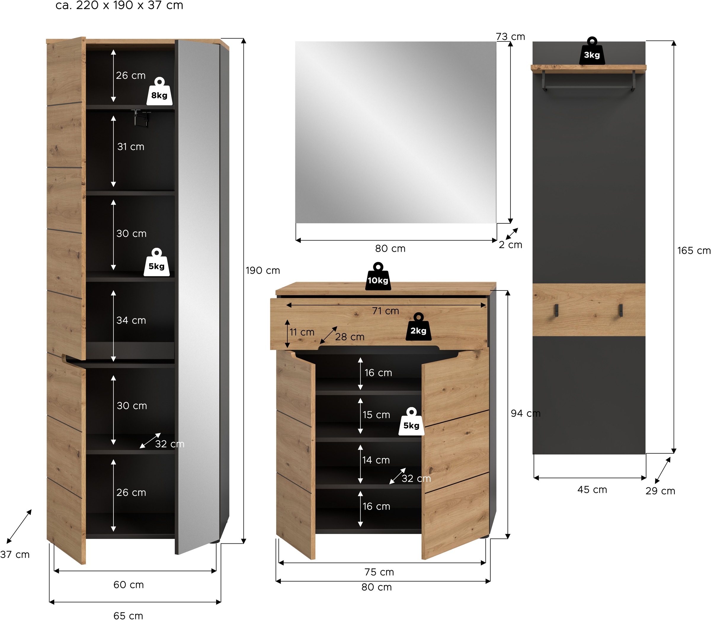 INOSIGN Garderoben-Set, (Set, 4 St., bestehend aus: Garderobenschrank, Kommode, Spiegel & Garderobenpaneel), Garderobenkombination, Kombination, Set, Flurgarderobe, Diele