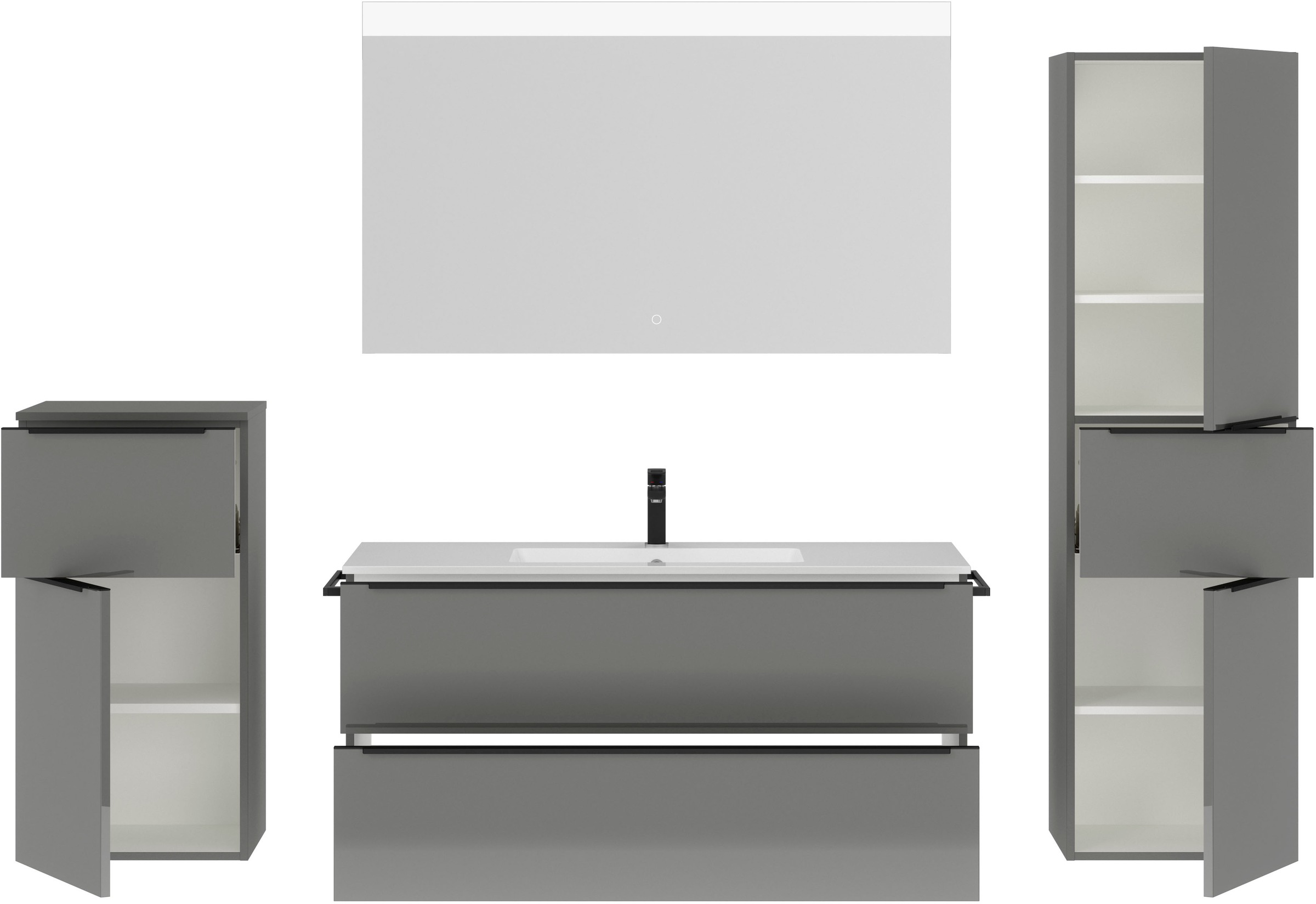 nobilia® Badmöbel-Set »Levere«, (4 St., vormontiert, mit Soft-Close), Hochglanz, inkl. Spiegel mit Touch-Sensor, in vier Breiten