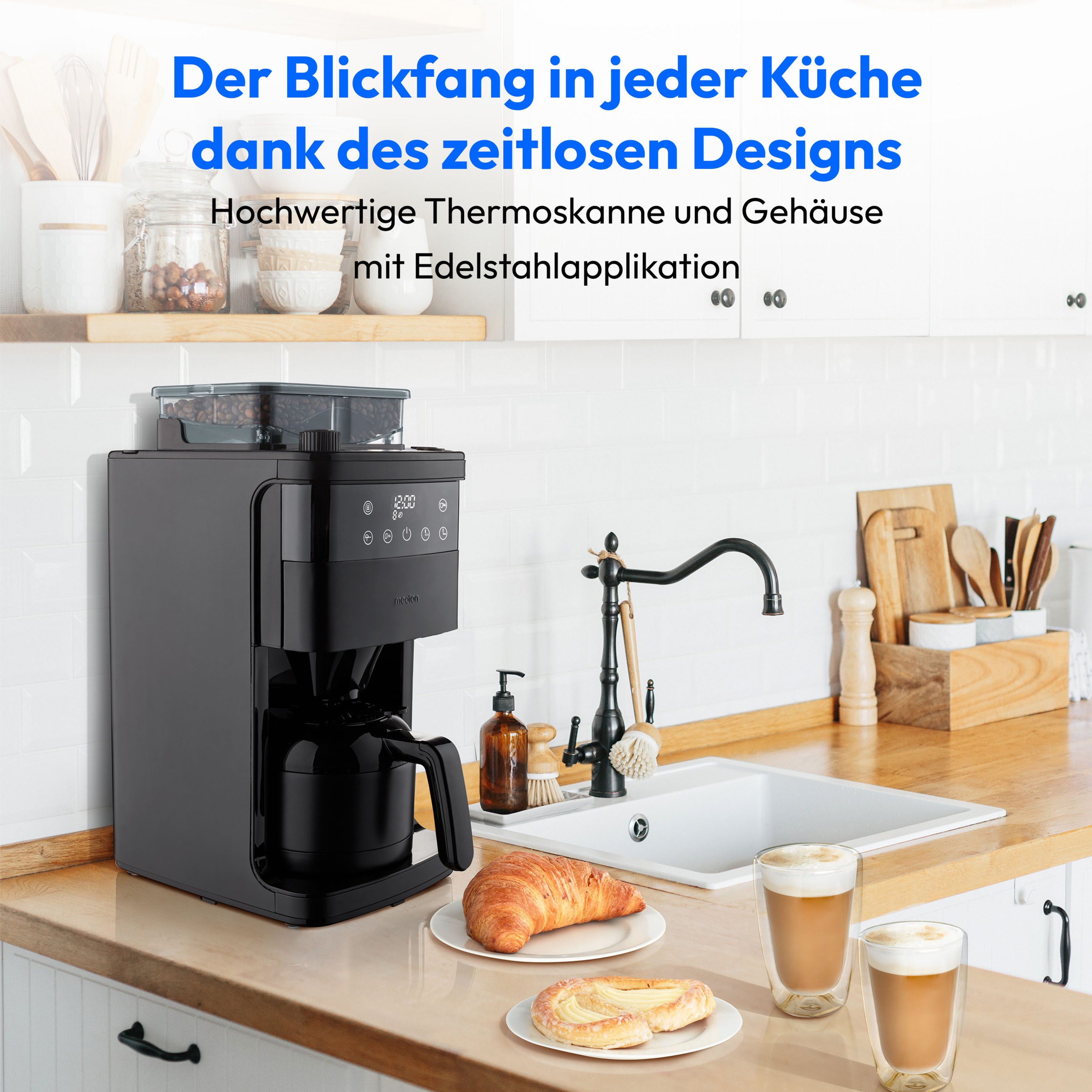 Medion® Kaffeemaschine mit Mahlwerk »MD 19911, 8 Mahlstufen, 1 L Wassertank, Thermoskanne, Timerfunktion«, Permanentfilter, Tropfstopp, automatische Abschaltung