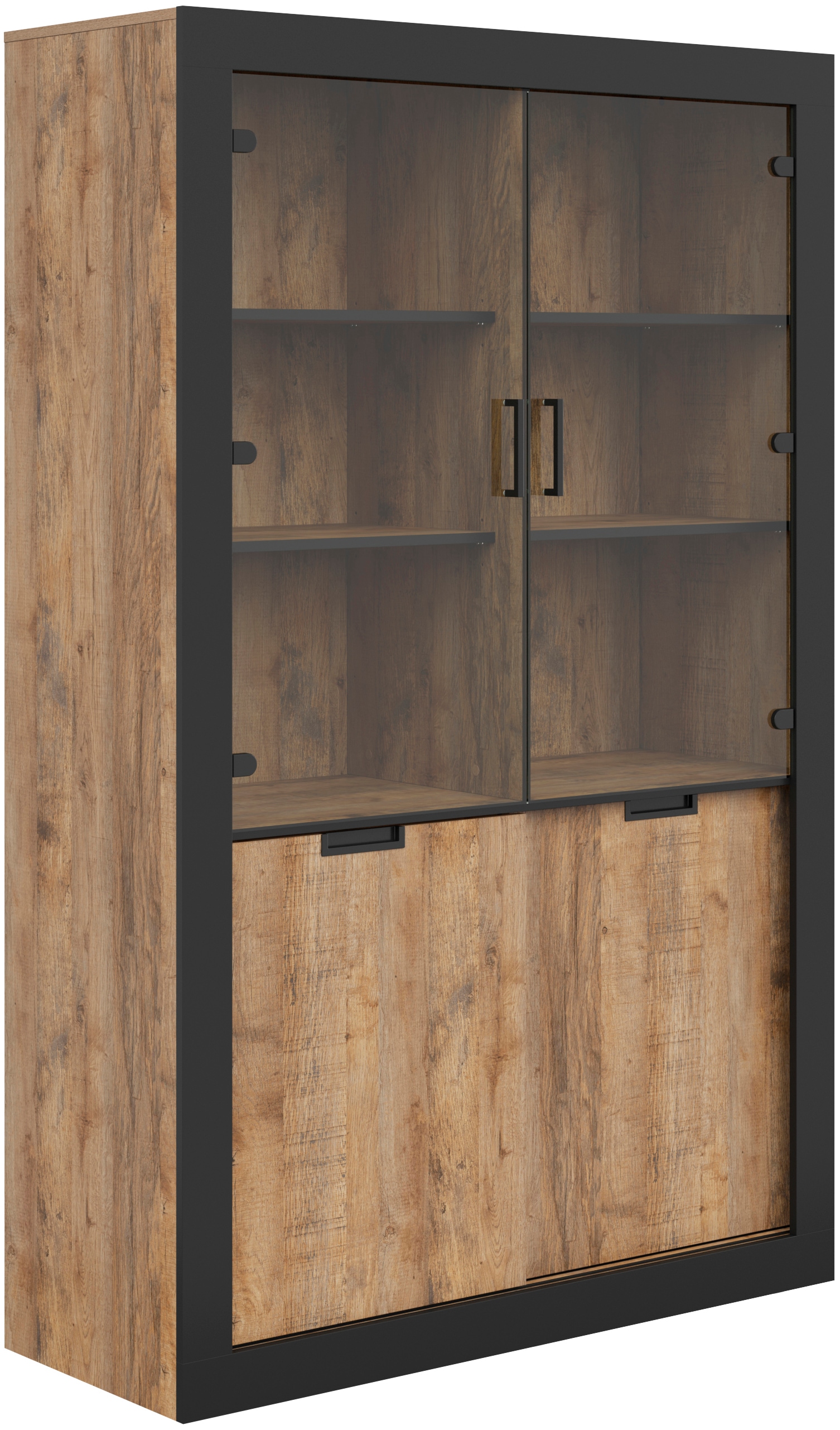 INOSIGN Vitrine »Tudor, Breite 120 cm, moderne Glasvitrine 2x Schiebetüren/2x Glastüren«, Hochschrank im Landhausstil, viel Stauraum, Einlegeböden verstellbar