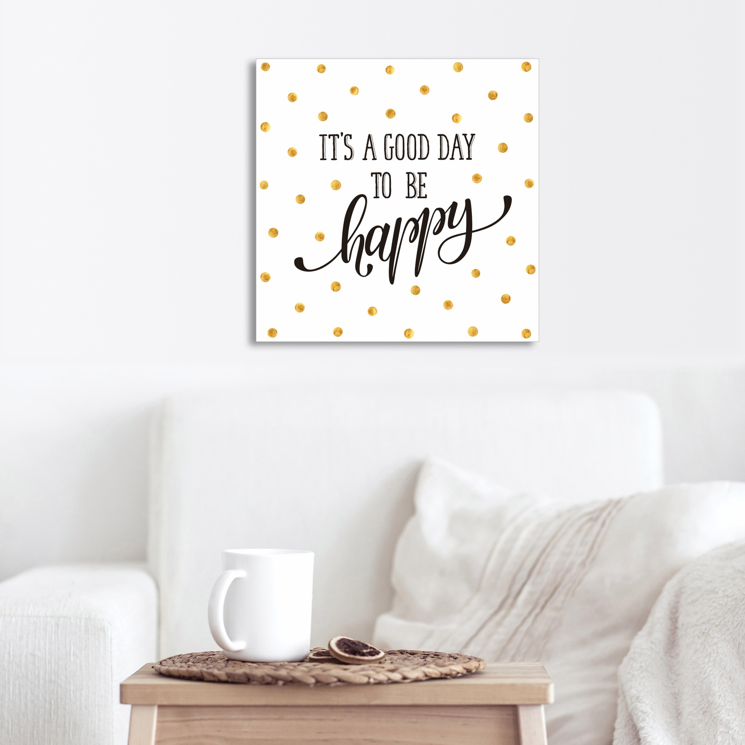 queence Leinwandbild »Happy«, Schneeflocken-Motivationsbilder-Kunst-Sprüche-Sprüche & Texte-Schriftzug-Schriftzüge, Premium-Leinwandstoff, Handarbeit aus Deutschland, 40x40cm