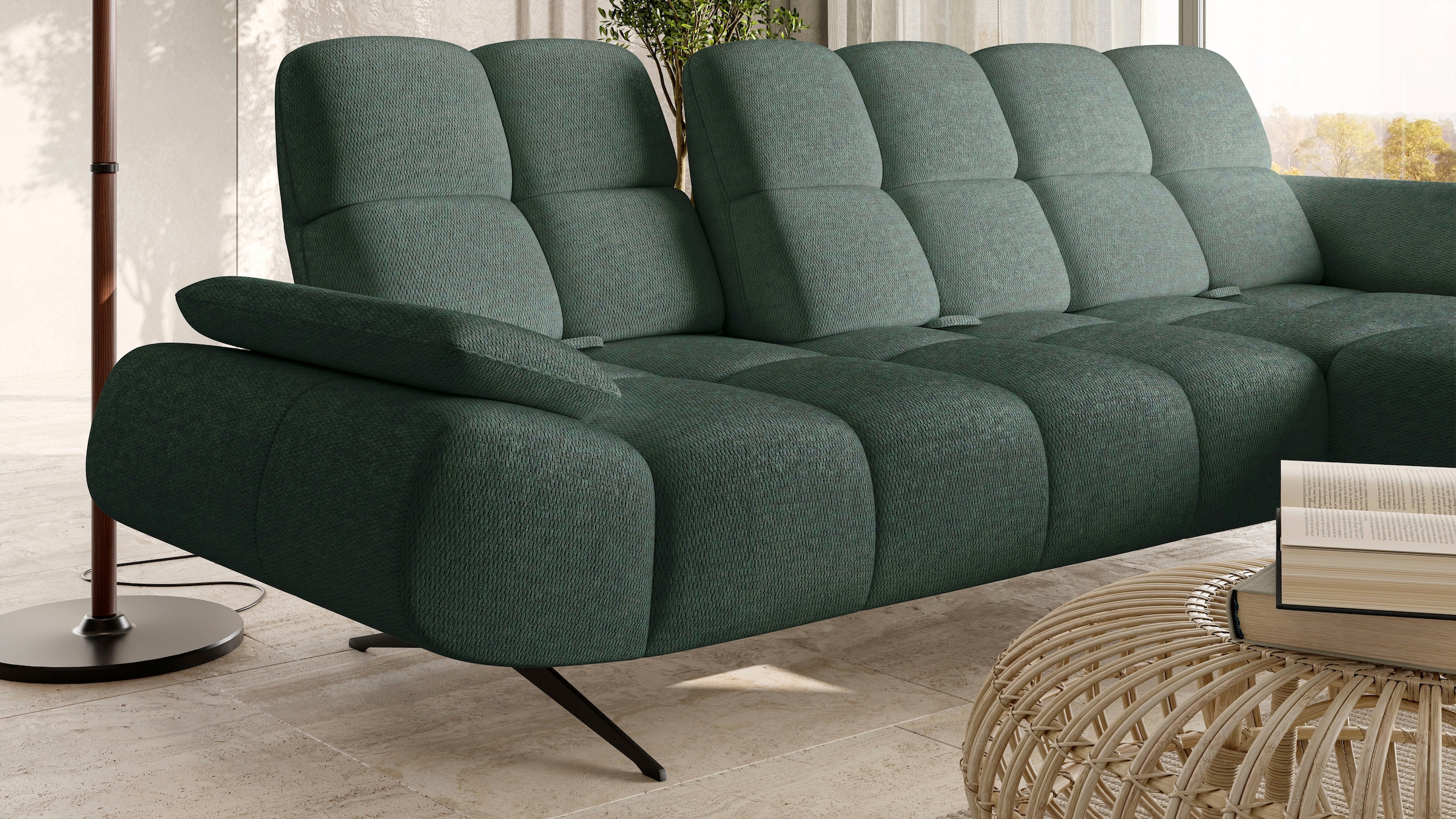 WERK2 Ecksofa »Prado-S Designer Sofa in L-Form mit Bubble-Optik, 285 cm breit« Sitztiefenverstellung an allen 3 Rückenelementen & Schwebe-Optik