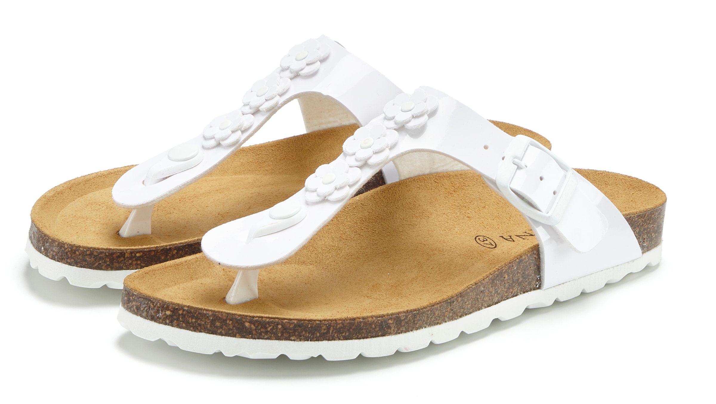 LASCANA Zehentrenner »Sandale, Pantolette, offener Schuh, Sommerschuh,«  mit modischer Applikation und Komfortkorkfußbett aus Leder