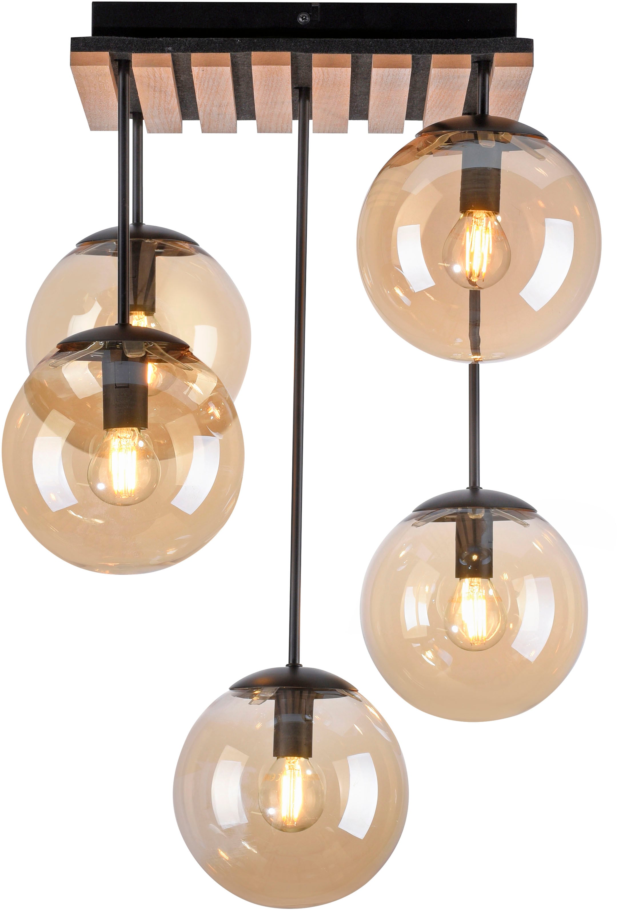 Leonique Deckenleuchte »Erinette Akustikpaneele mit Glaskugeln«, 5 flammig, Leuchtmittel E14 | ohne Leuchtmittel-Leuchtmittel wechselbar, Holz, Akustik, Paneele, Glas, Deckenlampe E14
