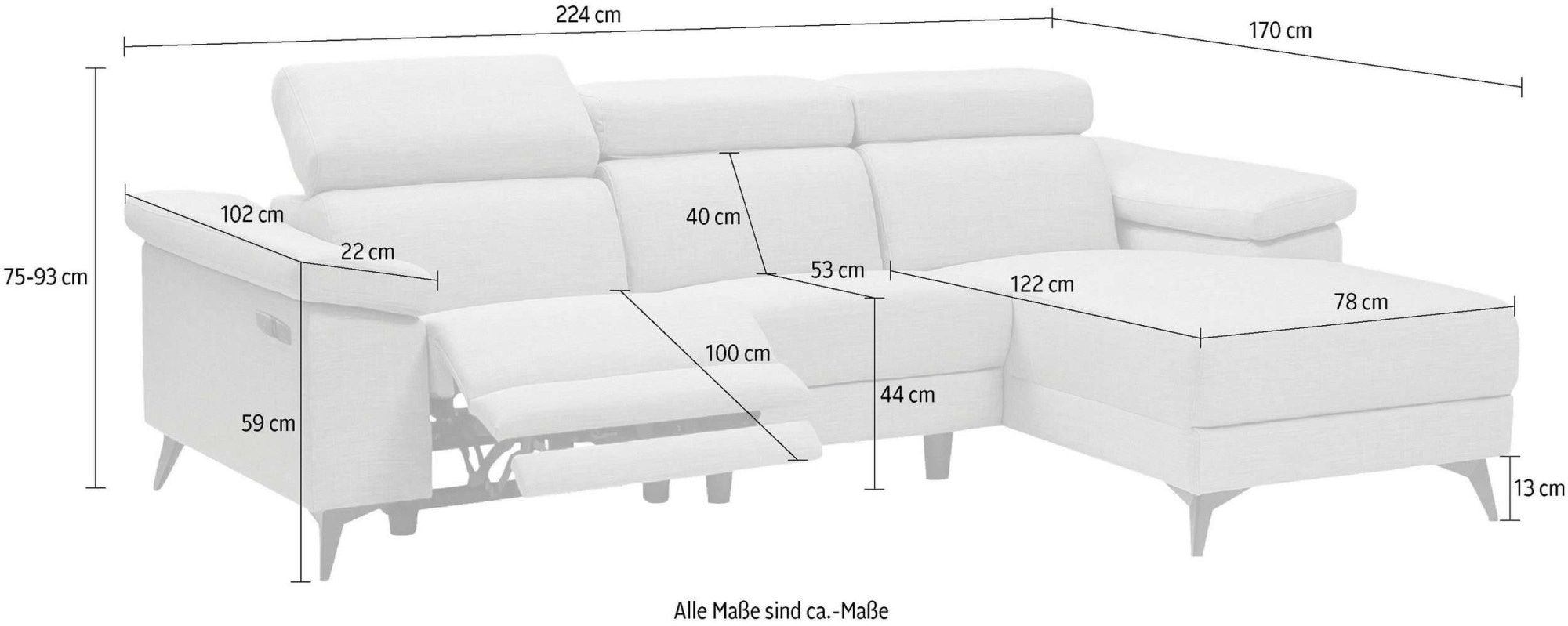 Places of Style Ecksofa »Samira«, mit elektrischer Relaxfunktion in einem Sitz und USB-Anschluss