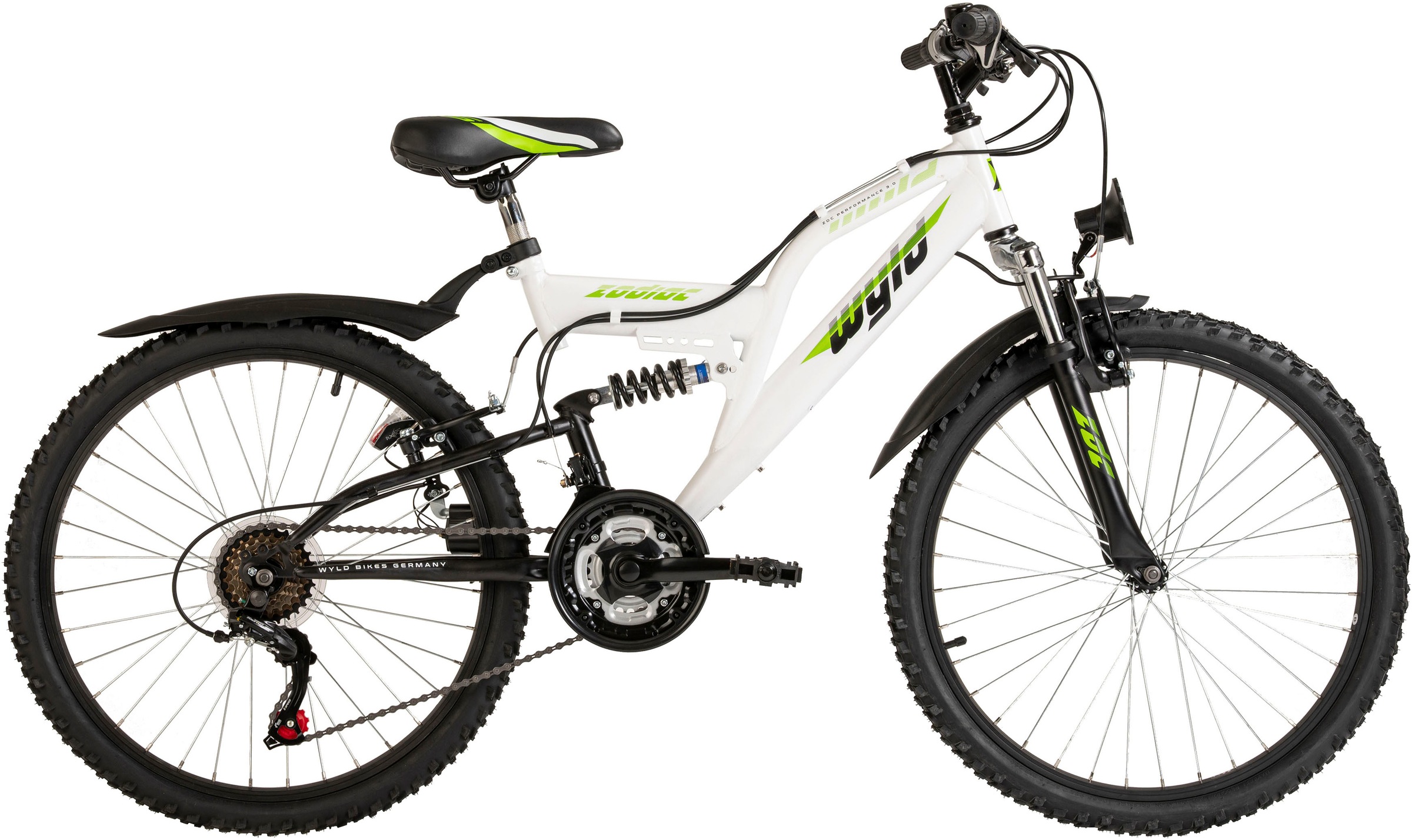 WYLD Kinderfahrrad »Kinder-Mountainbike Fully ATB 24" Zodiac weiß-grün 18 Gänge RH 38 cm« 18 Gang Kettenschaltung weiß+schwarz