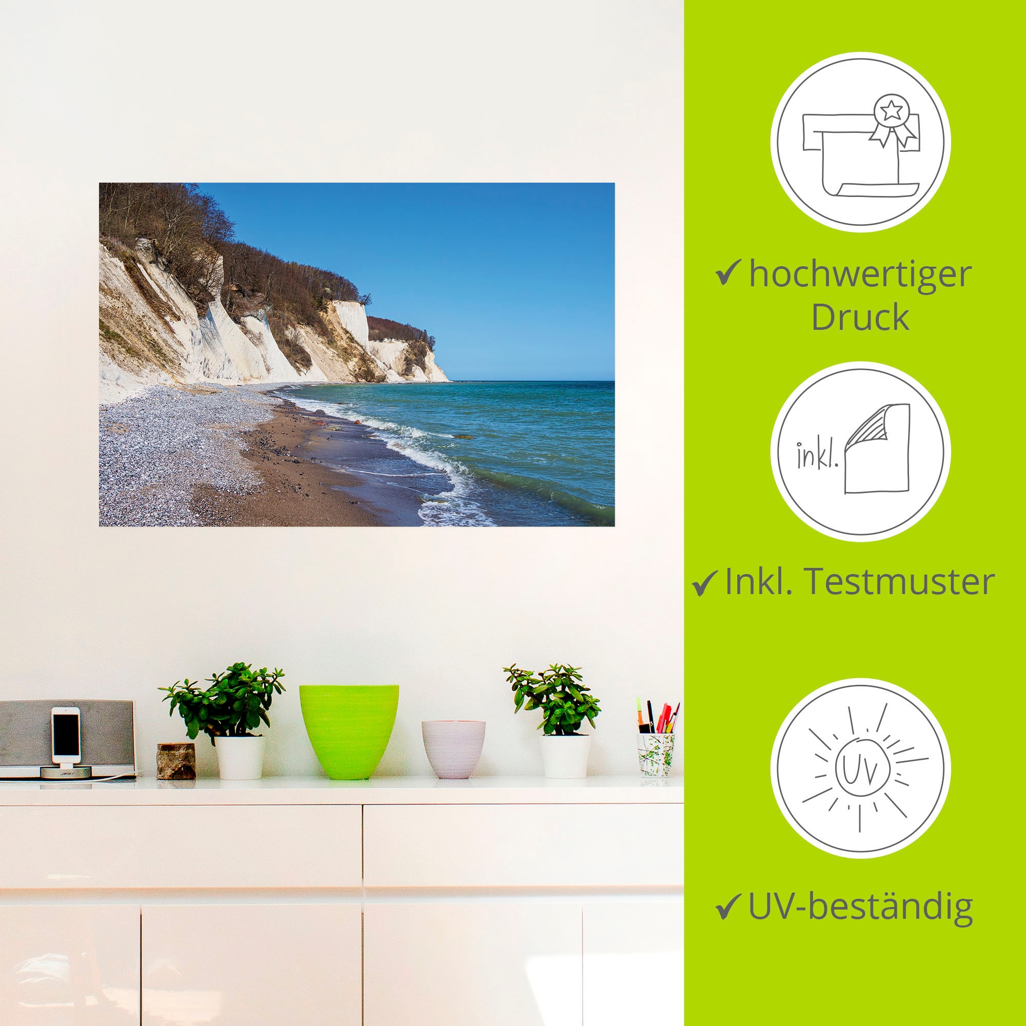 Artland Wandbild »Kreidefelsen an der Ostseeküste, Rügen«, Felsen, (1 St.), als Alubild, Leinwandbild, Wandaufkleber oder Poster in versch. Größen