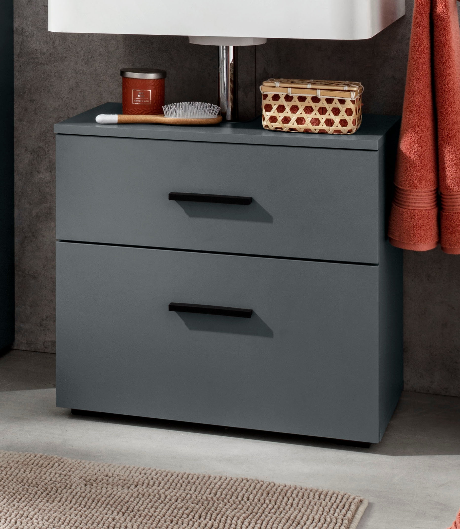 INOSIGN Waschbeckenunterschrank »Skara«, mit Klappe und Schubkasten, schwarze Griffe, Breite 60 cm, Höhe 55 cm