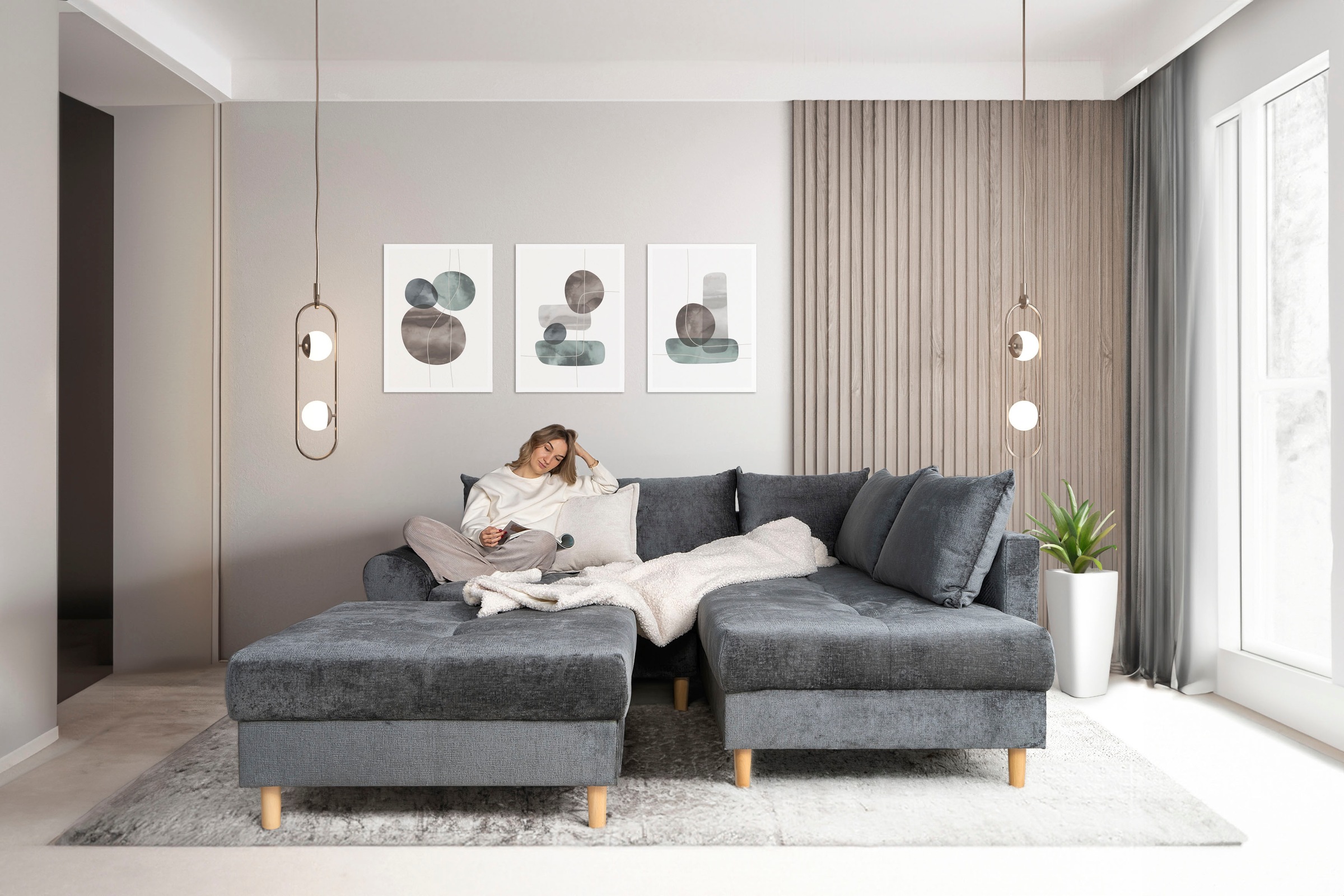 COLLECTION AB Ecksofa »Reims L-Form«, Ottomane beidseitig montierbar, inkl. Bettfunktion und Hocker