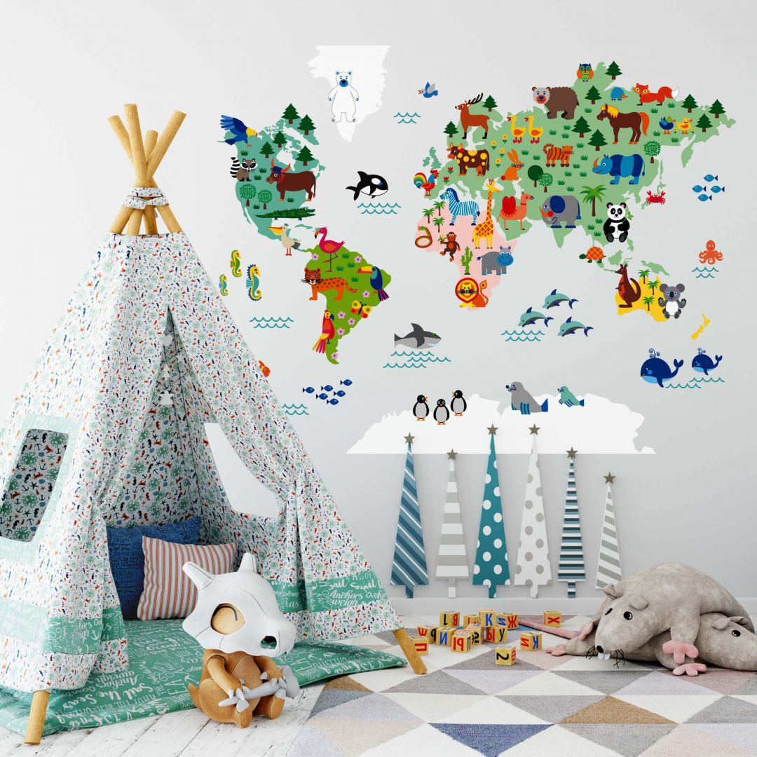 Wall-Art Wandtattoo »Kinder Tierwelt Weltkarte bunt«, (1 St.) auf Rechnung  kaufen | Wandtattoos