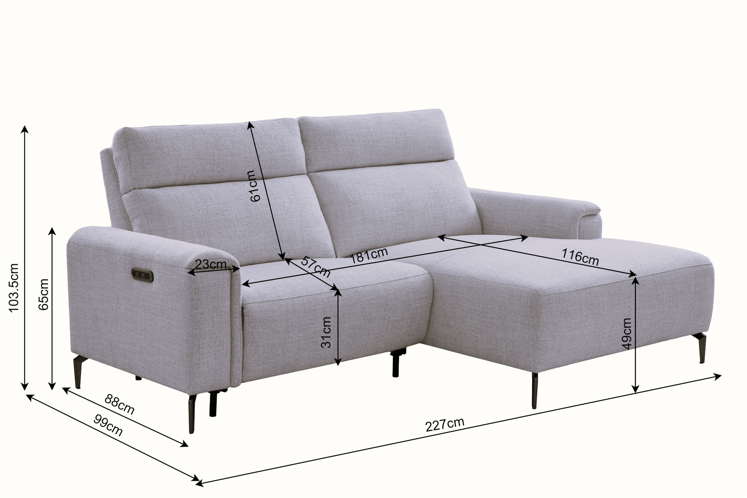 OTTO home Ecksofa »YELLIA L-Form,  227cm - elektrische Relaxfunktion« USB A/C, hoch elastischer Schaumstoff (HR) im Sitz, Webstoff