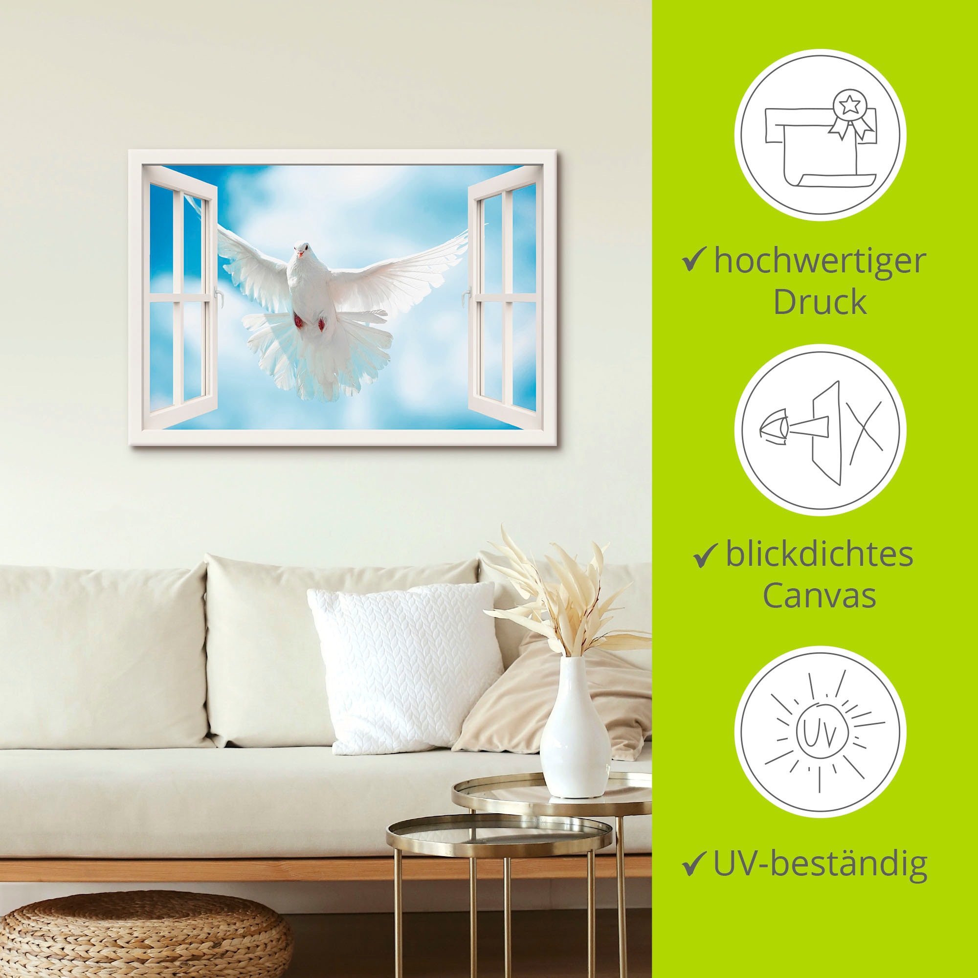 Artland Leinwandbild »Fensterblick Taube vor der Sonne« Vögel 1 Stk. tlg. auf Holzrahmen gespannt