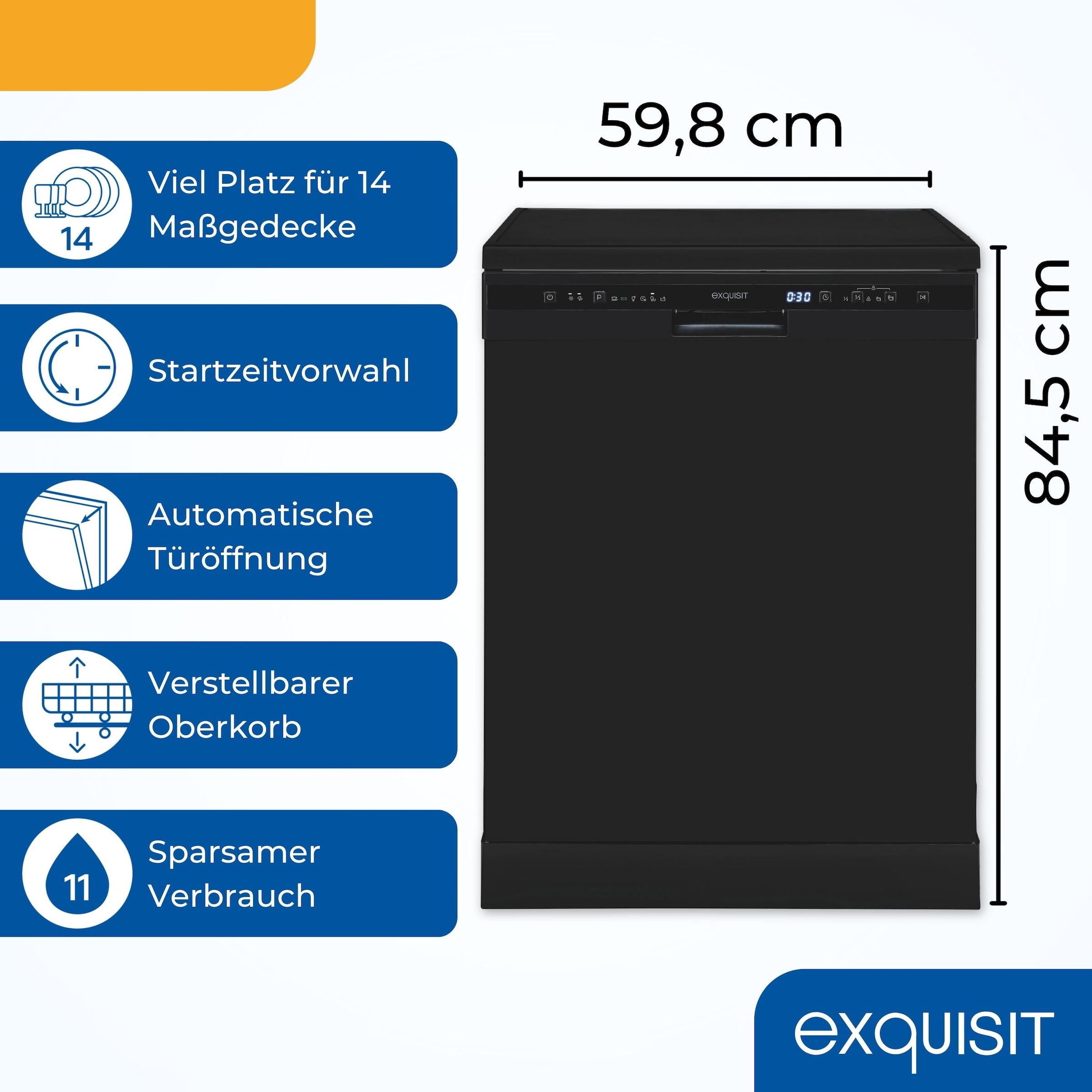 exquisit Standgeschirrspüler 6314 »GSP6314-030C schwarz« 10,2 l 14 tlg. Maßgedecke Effizient, leise, 14 Maßgedecke – smartes Spülen mit LED-Komfort