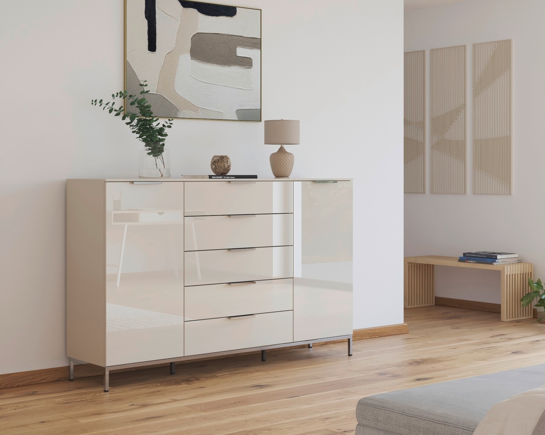 rauch Schubkastenkommode »Kommode Türkommode Sideboard Kombikommode FLIPP mit Glasfront«, (Breite 160/180 cm mit 4 Einlegeböden), 2-trg mit 5 Schubladen und Soft-Close-Funktion, Glasfront, 2 Breiten