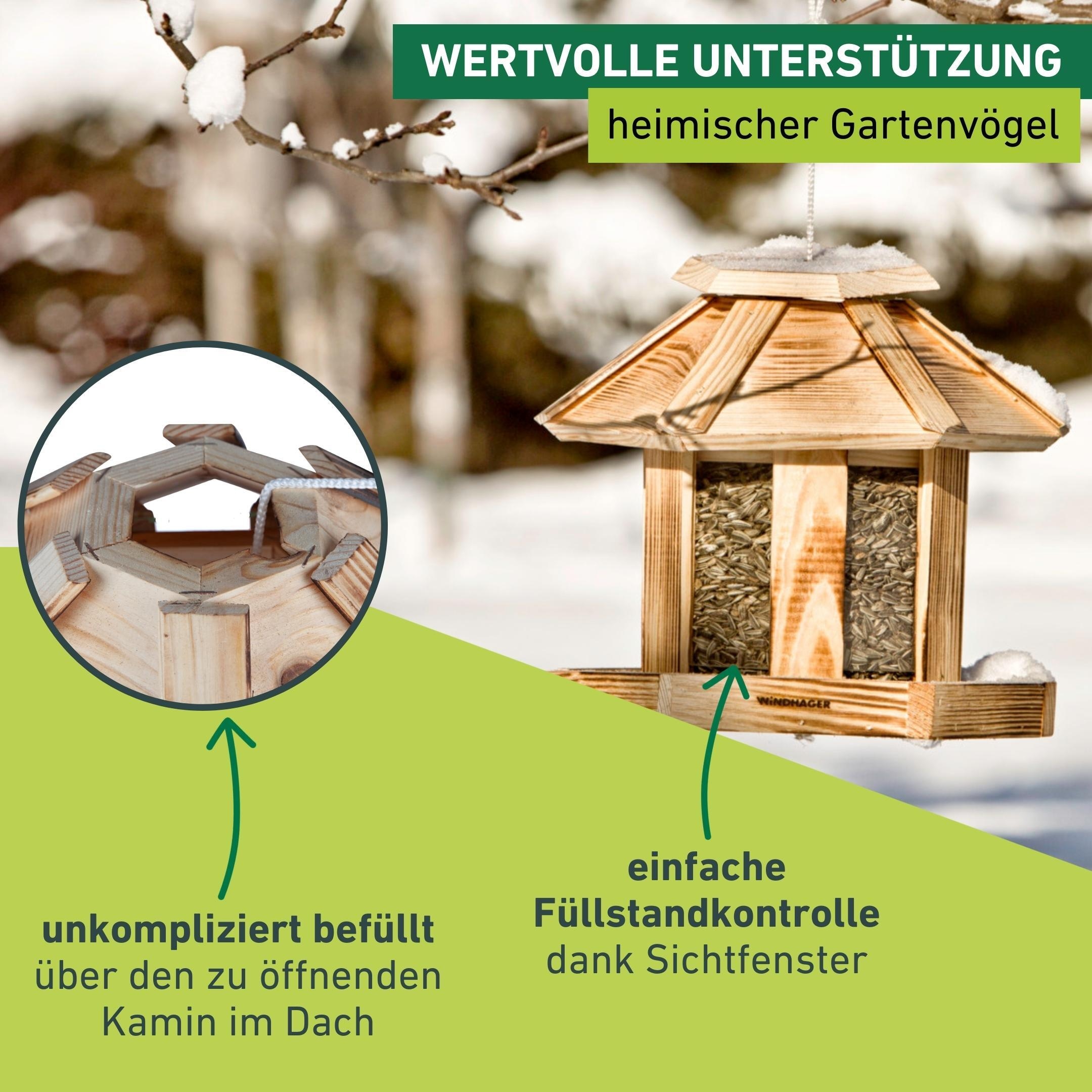 Windhager Vogelhaus »Wilder Kaiser, Vogelfuttersilo aus Echtholz« Futterstation inkl. Aufhängung und Sitzmöglichkeit, Füllvolumen 3l