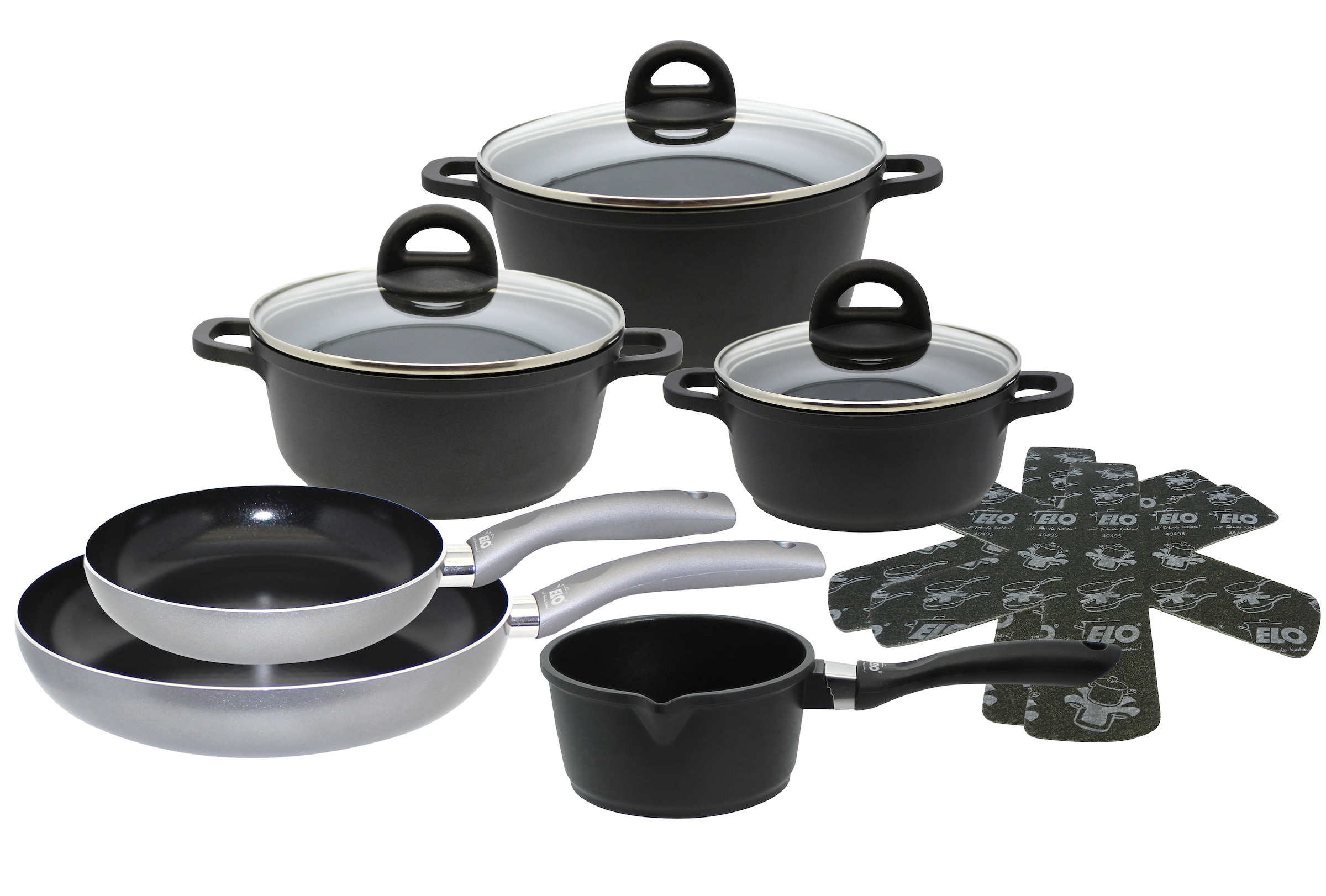 Topf-Set »Black, Ducato« Set, 3 Töpfe mit Deckel, 1 Stielkasserolle, 2 Bratpfannen, 2 Stapelschutz, 11 Stk. tlg. Aluminiumguss schwarz