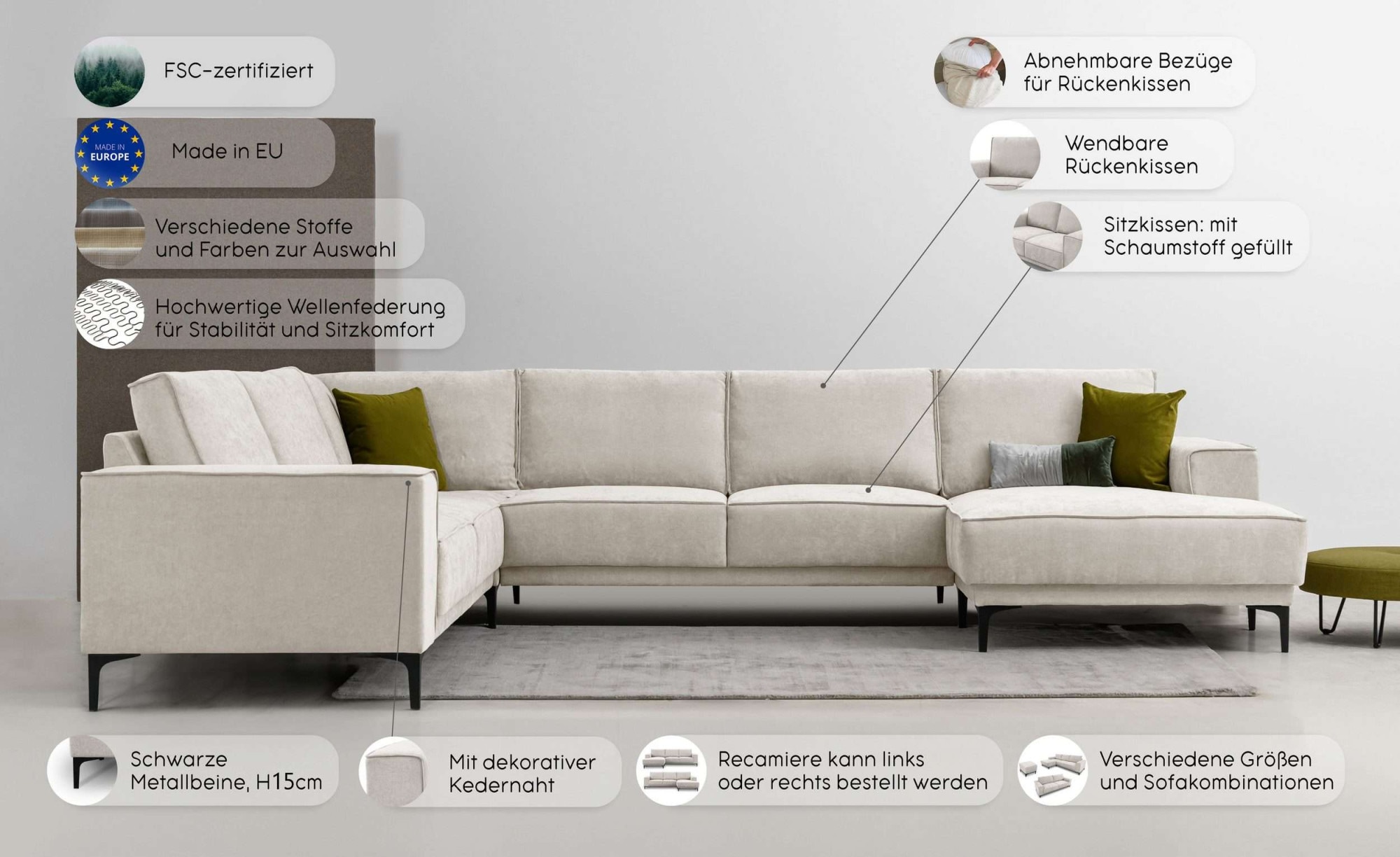 Places of Style Wohnlandschaft »XXL Sofa Oland, Struktur, Flachgewebe, Luxus-Microfaser, Boucle«, U-Form, 342 cm, Wellenunterfederung, Skandi-Design, Metallfüße