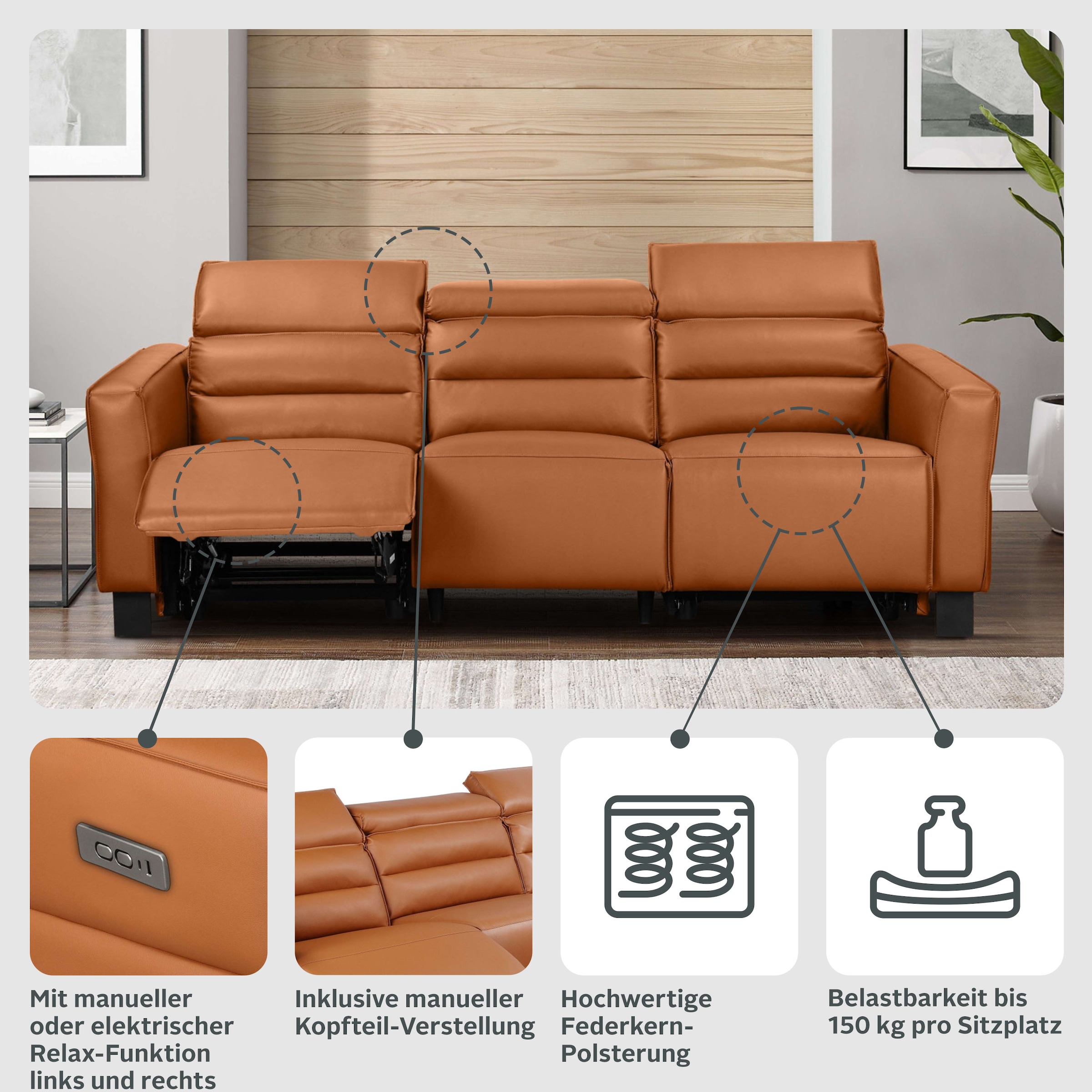 Places of Style 3-Sitzer »Carpari, 224cm, manuelle od. elektrische Relaxfunktion in 2 Sitzen«, mit USB-A/C, Kopfteilverstellung, Echtleder, Kunstleder, Webstoff