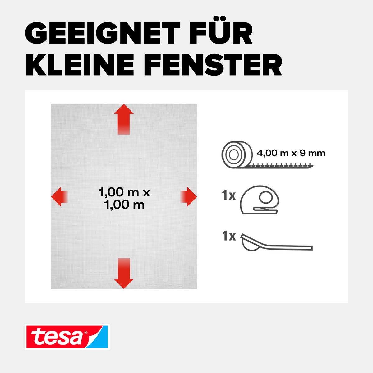 tesa Insektenschutz-Fensterrahmen »Insect Stop Comfort Fliegengitter für Fenster - 1.0 m : 1.0 m« Packung, Fliegennetz, Klettband, Andrück und Schneidehilfe, 1 Stk. tlg. Insektenschutzgitter - Fliegenetz ohne Bohren -zuschneidbar