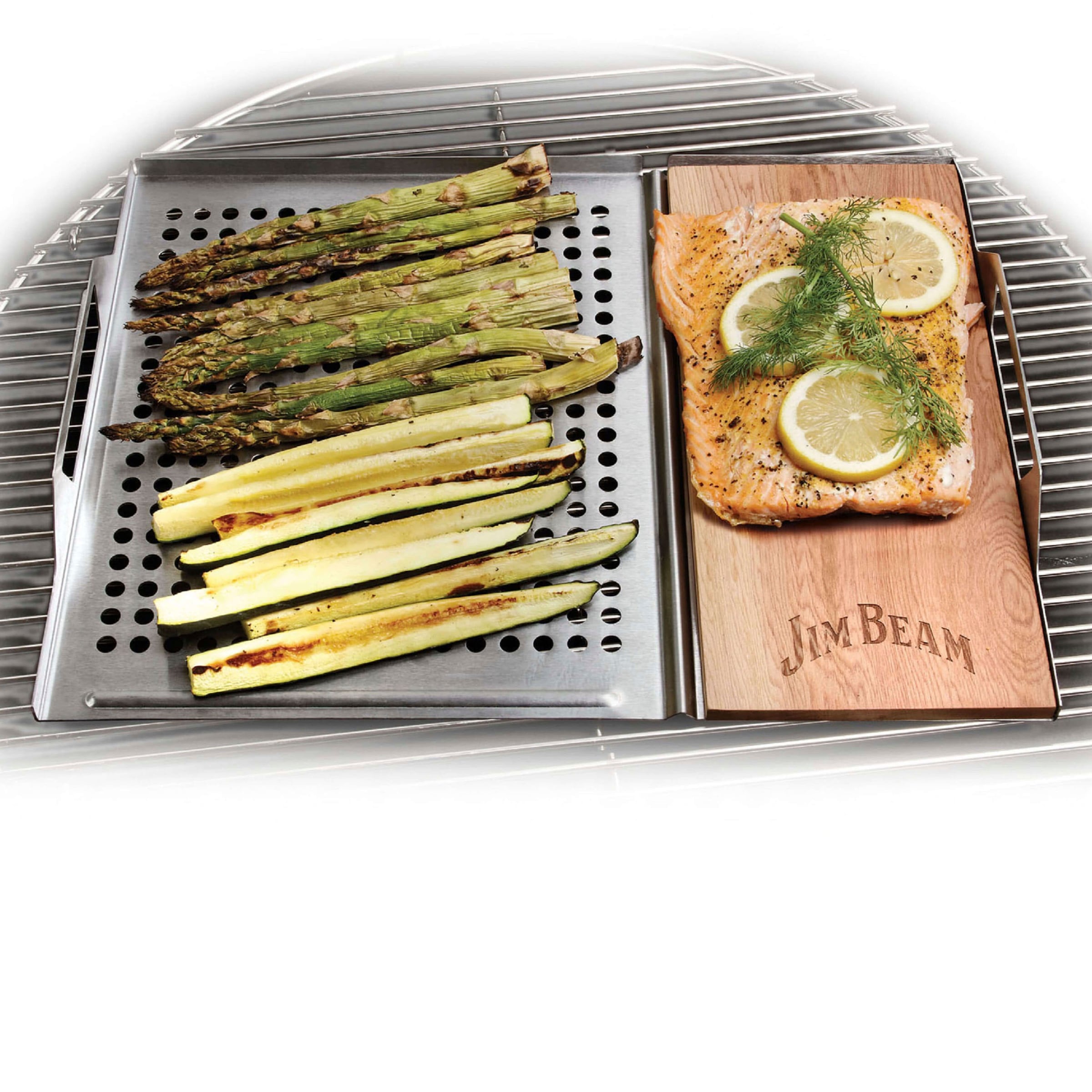 Jim Beam BBQ Grillerweiterung »Edelstahl-Platte«, (Set), 59x30 cm, mit Zedernholz Räucherbrett für Grillgut, Fisch, Gemüse