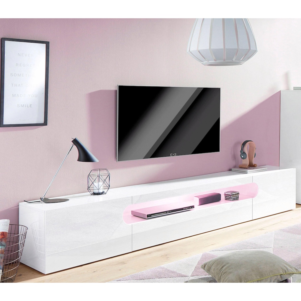 INOSIGN Lowboard »Real, Breite 240 cm,TV-Kommode, TV-Möbel, komplett Hochglanz lackiert«, mit 2 abgerundeten Türen,1 Klappe, die ein ovales offenes Fach bilden