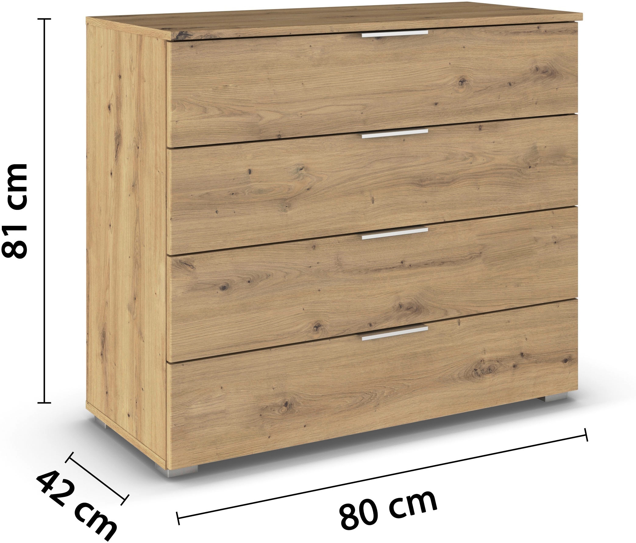 rauch Schubkastenkommode »Sideboard Schubladenkommode AGORDO mit Dekor- oder Hochglanzfront«, (in zwei Griff-Farben, Breite 80 cm inkl. Soft-Close-Funktion), vier große und geräumige Schubladen mit viel Stauraum MADE IN GERMANY