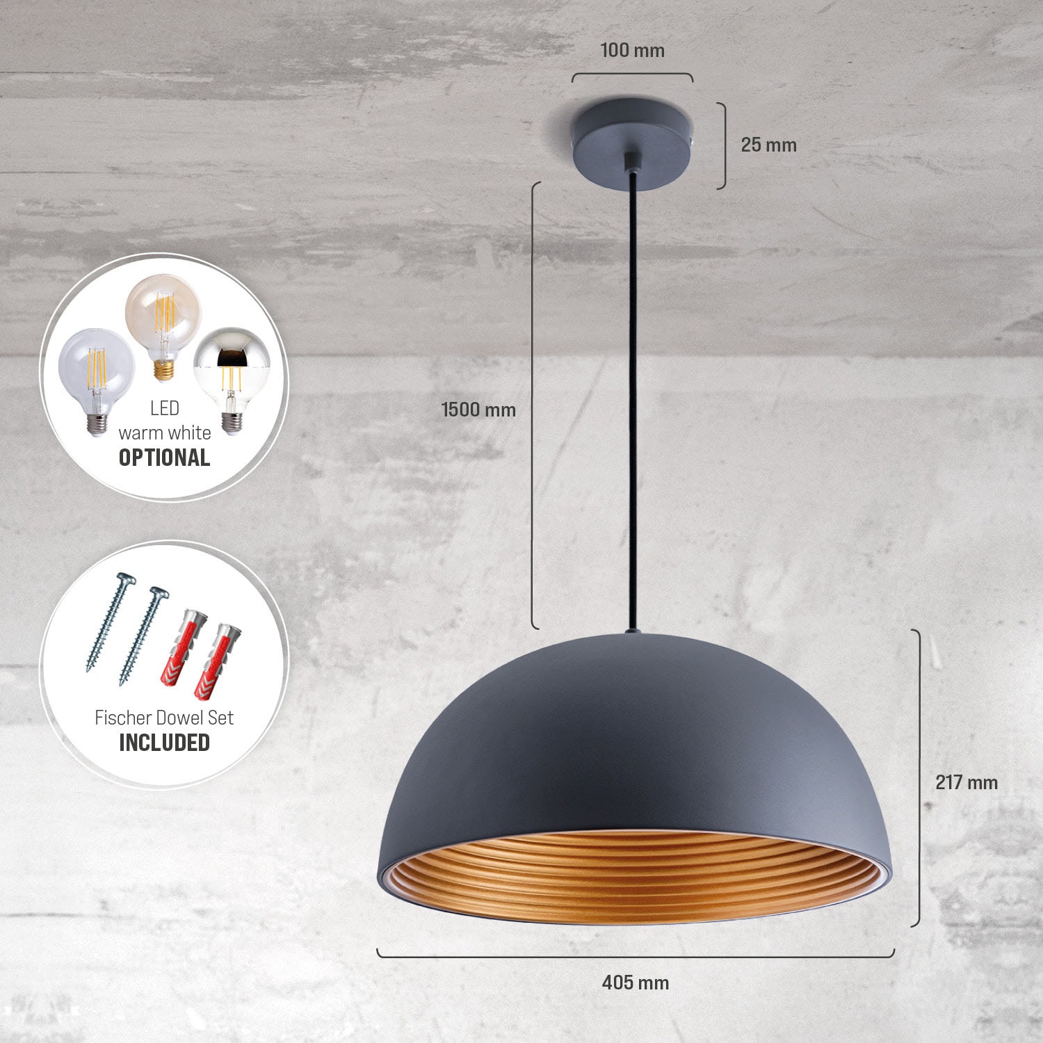 Paco Home Pendelleuchte »SAWYER«, 1 flammig, Leuchtmittel E27 | ohne Leuchtmittel, Hängelampe Esszimmer Küchenlampe Hängend 1,5m Textilkabel Ã˜40,5cm