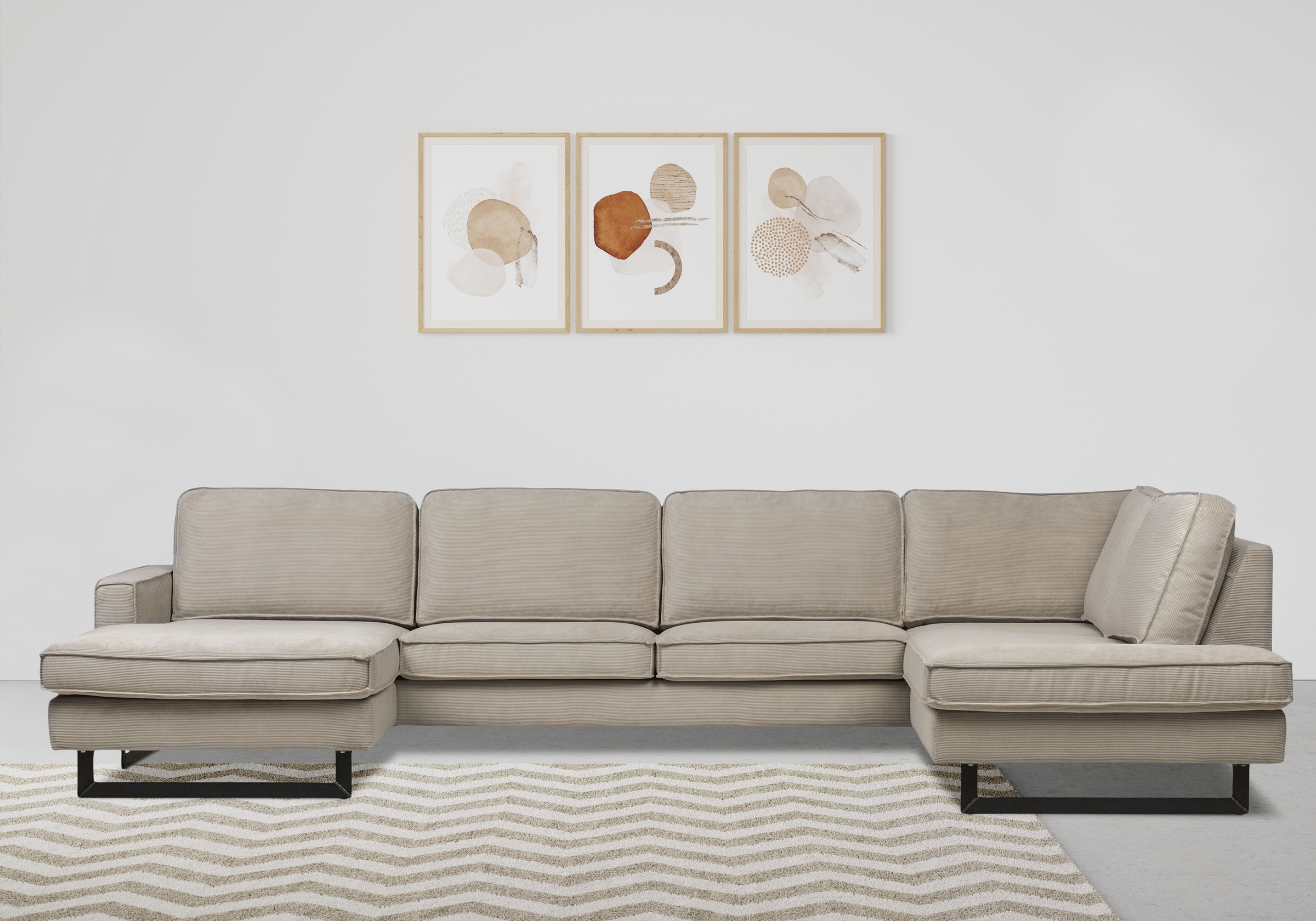 Places of Style Wohnlandschaft »Pinto, 350 cm, U-Form, XXL, mit Ottomanen«, Cord, Chenille, Lederoptik, mit Keder, Metallfüße, Wellenunterfederung