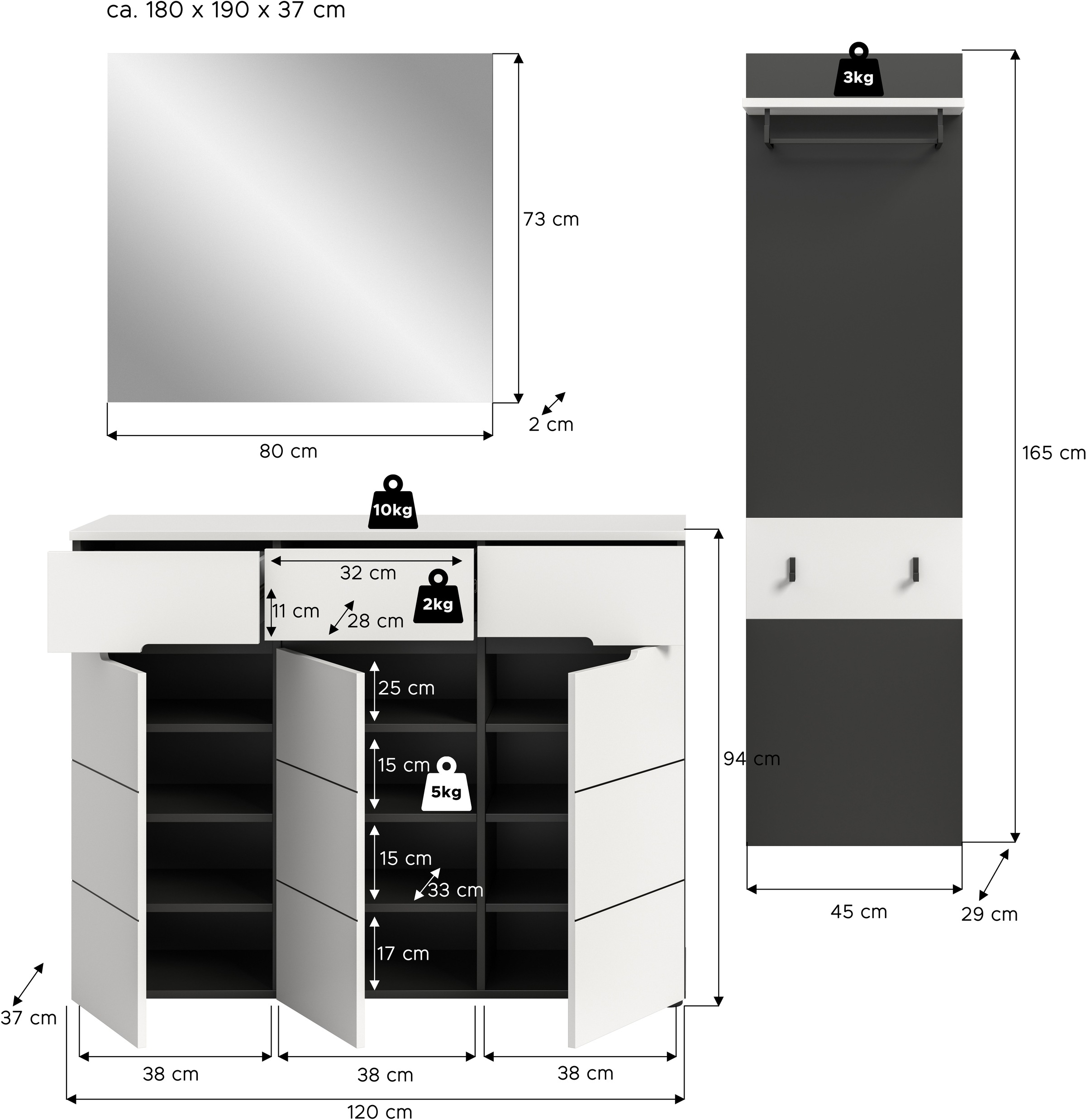 INOSIGN Garderoben-Set, (Set, 3 St., bestehend aus: Kommode, Spiegel und Garderobenpaneel), Garderobenkombination, Kombination, Set, Flurgarderobe, Diele
