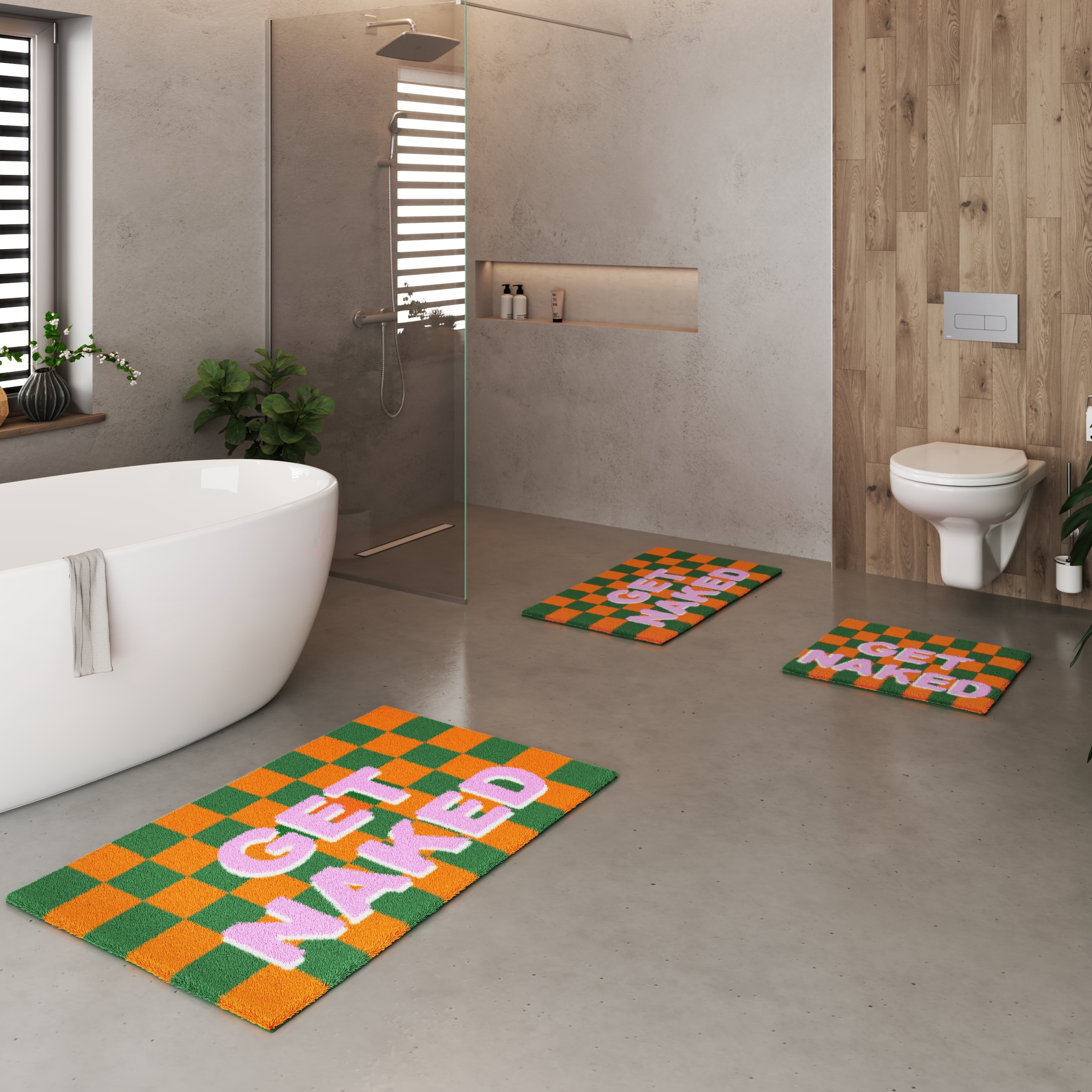 OTTO home Badematte »Get Naked, modern, Badvorleger, Badezimmer Teppich« Höhe 20 mm rutschhemmend beschichtet schnell trocknend Badteppich, mit Schriftzug, 2 Varianten, rechteckig